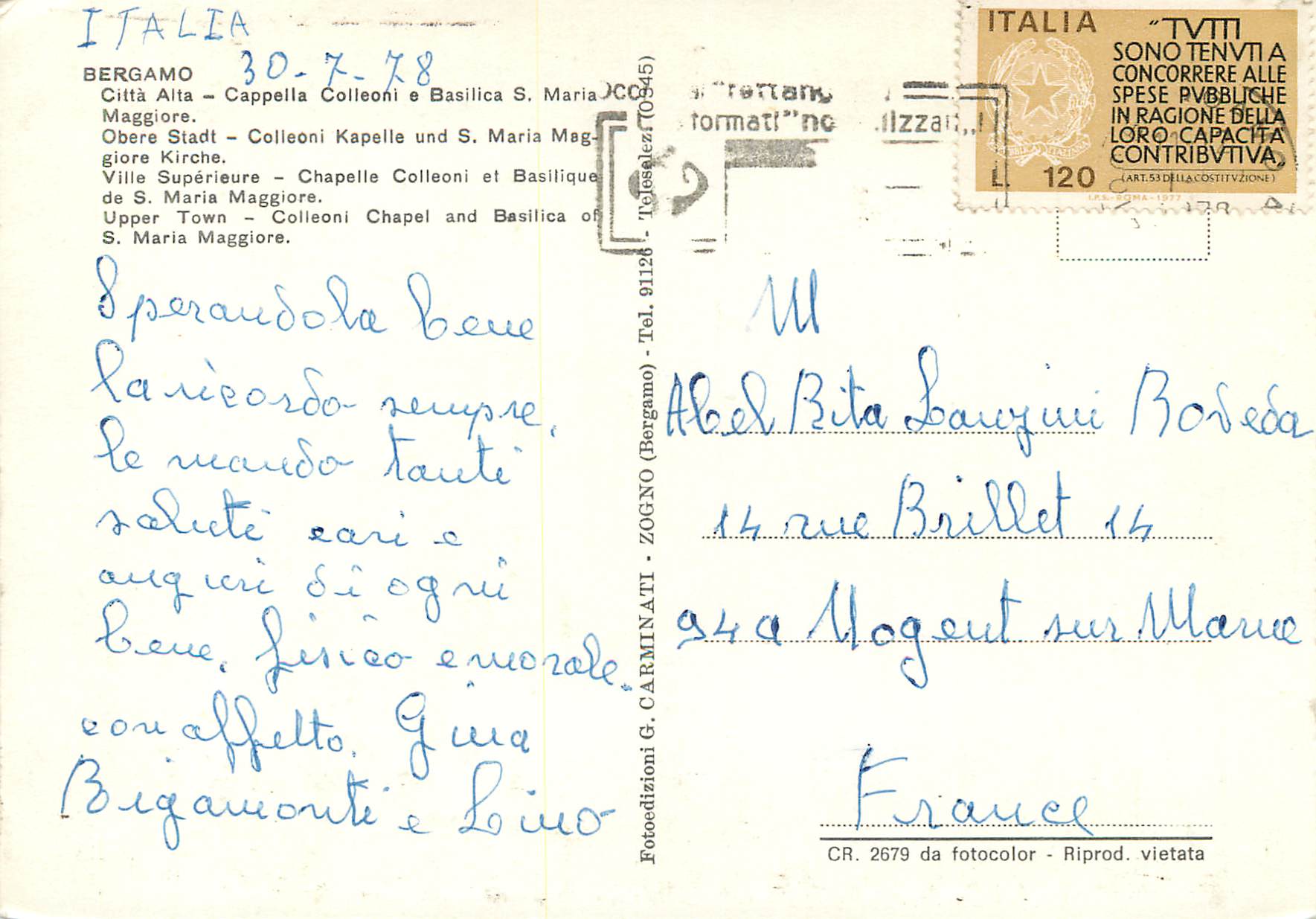 CPM Bergamo Ville Superieure Chapelle Colleoni et Basilique — Rückseite