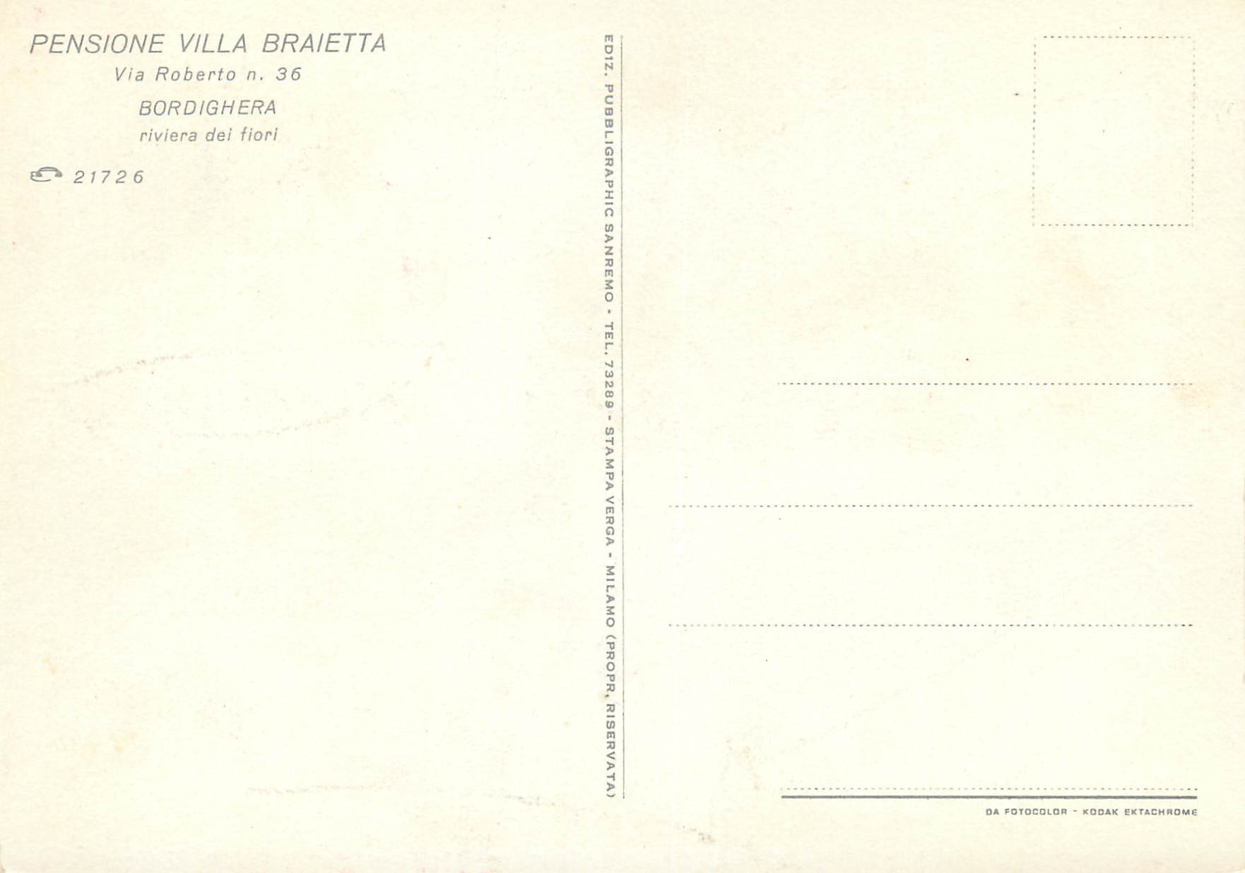 CPM Bordighera Pensione Villa Braietta Via Roberto Bordighera riviera del flori — Rückseite