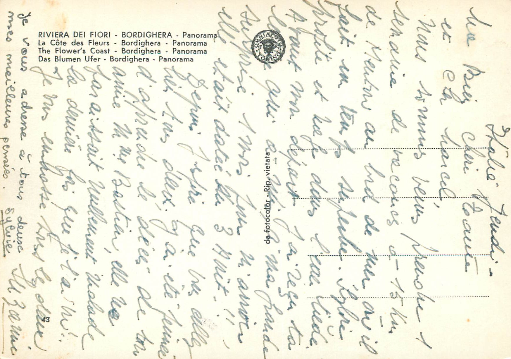 CPM Riviera dei Flori Bordighera Panorama — Rückseite