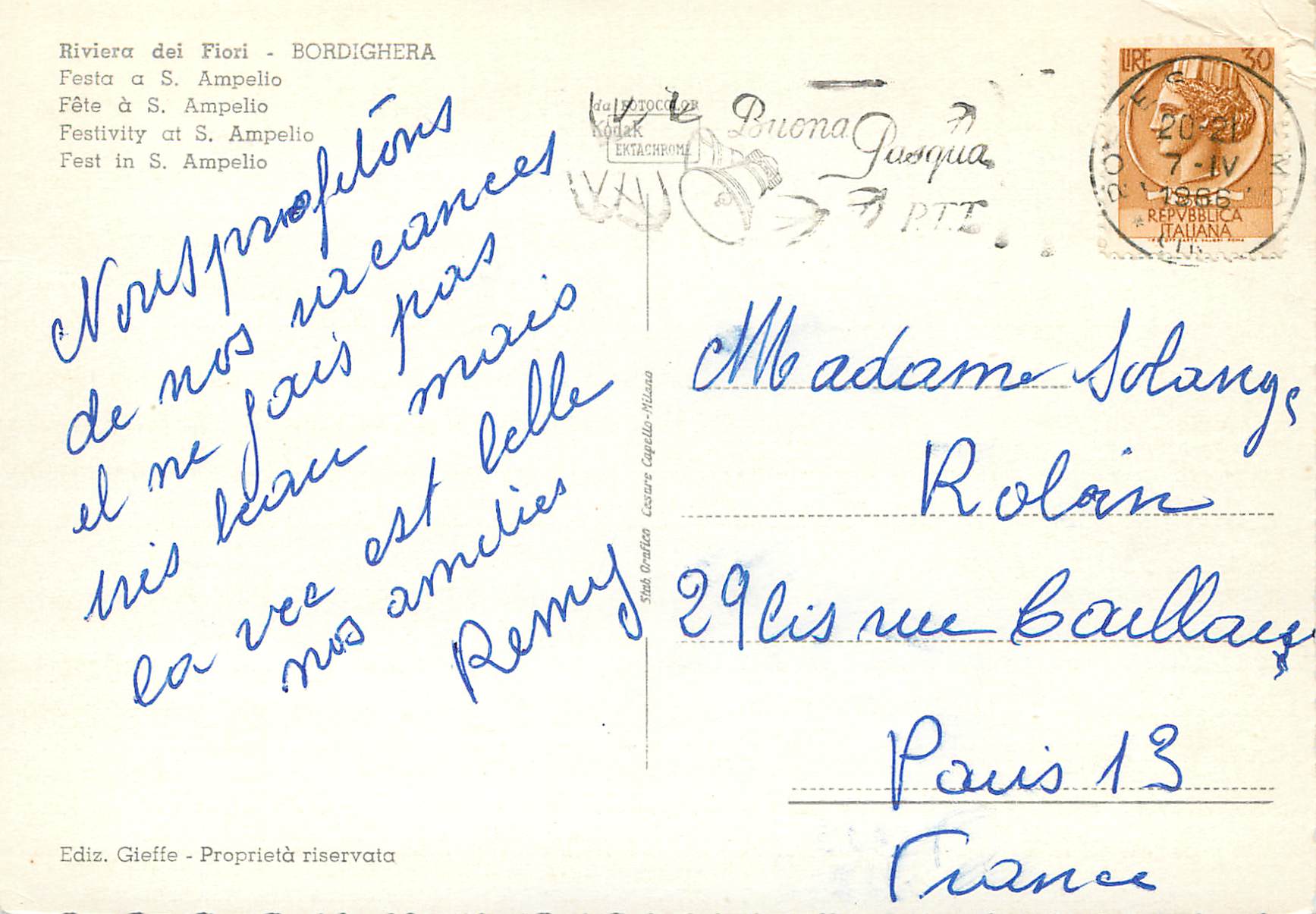 CPM Riviera dei Flori Bordighera Promenade le long de la mers Fete a S Ampelio — Rückseite