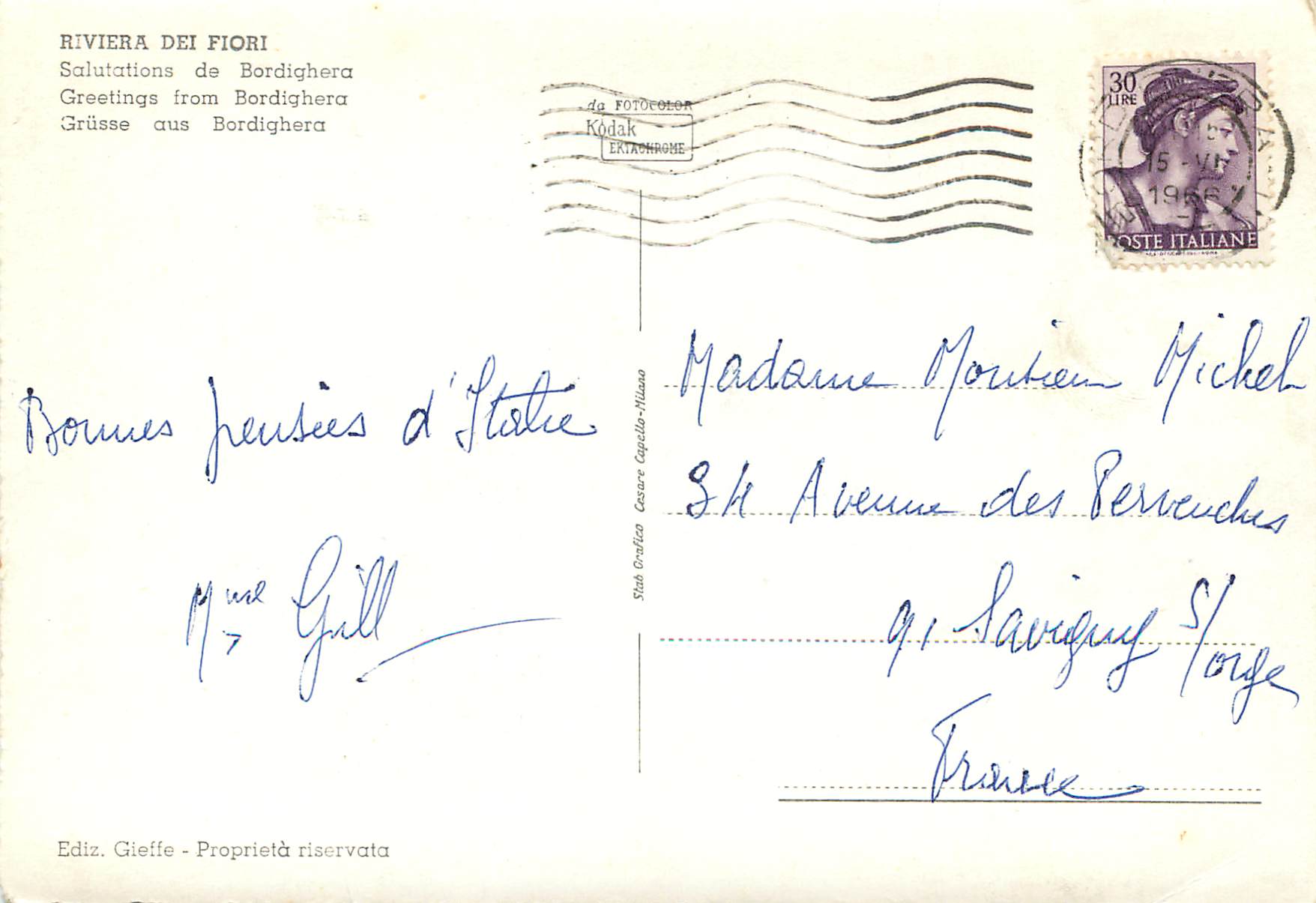 CPM Riviera dei Flori Grusse aus Bordighera — Rückseite