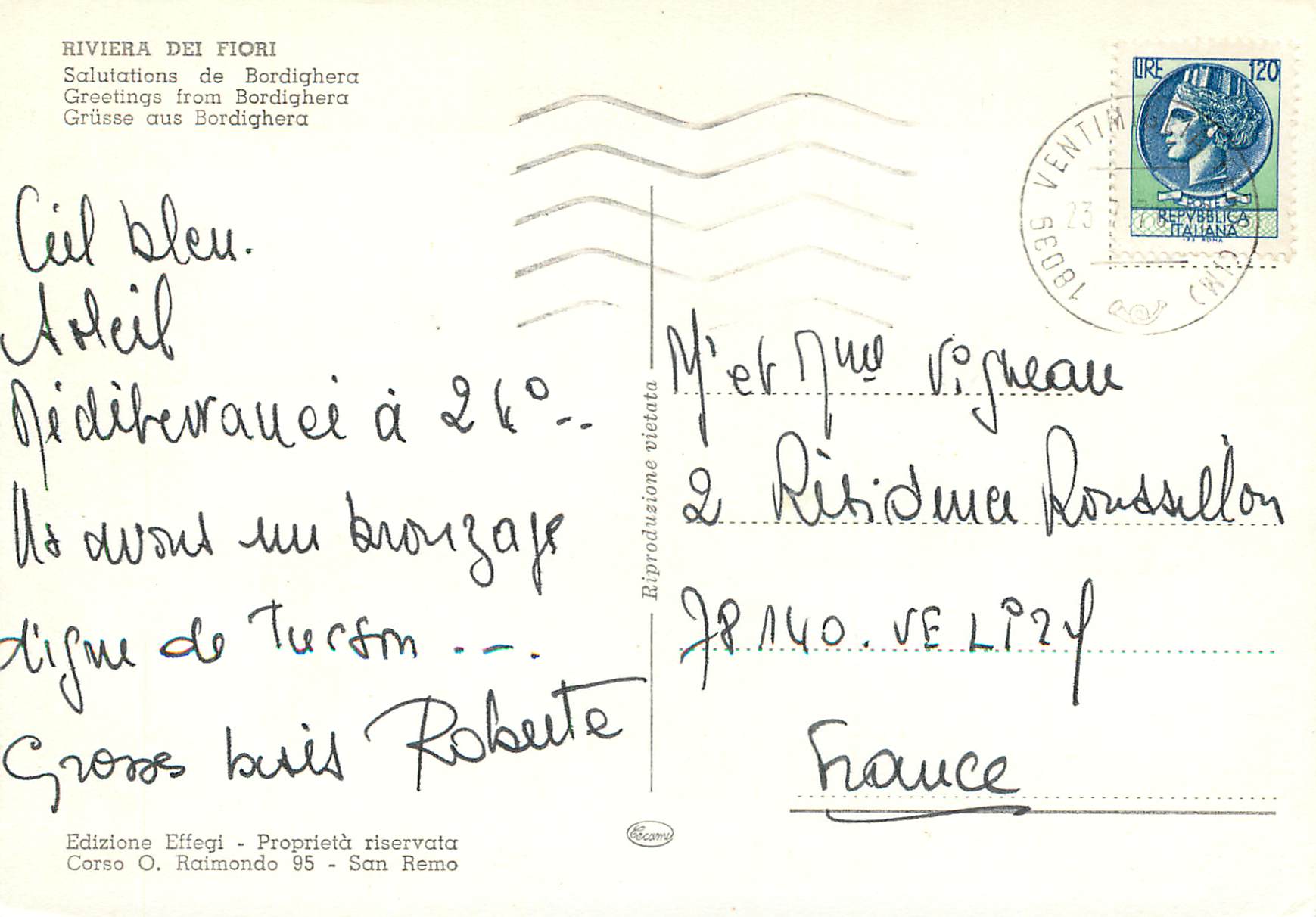 CPM Riviera dei Flori Grusse aus Bordighera — Rückseite