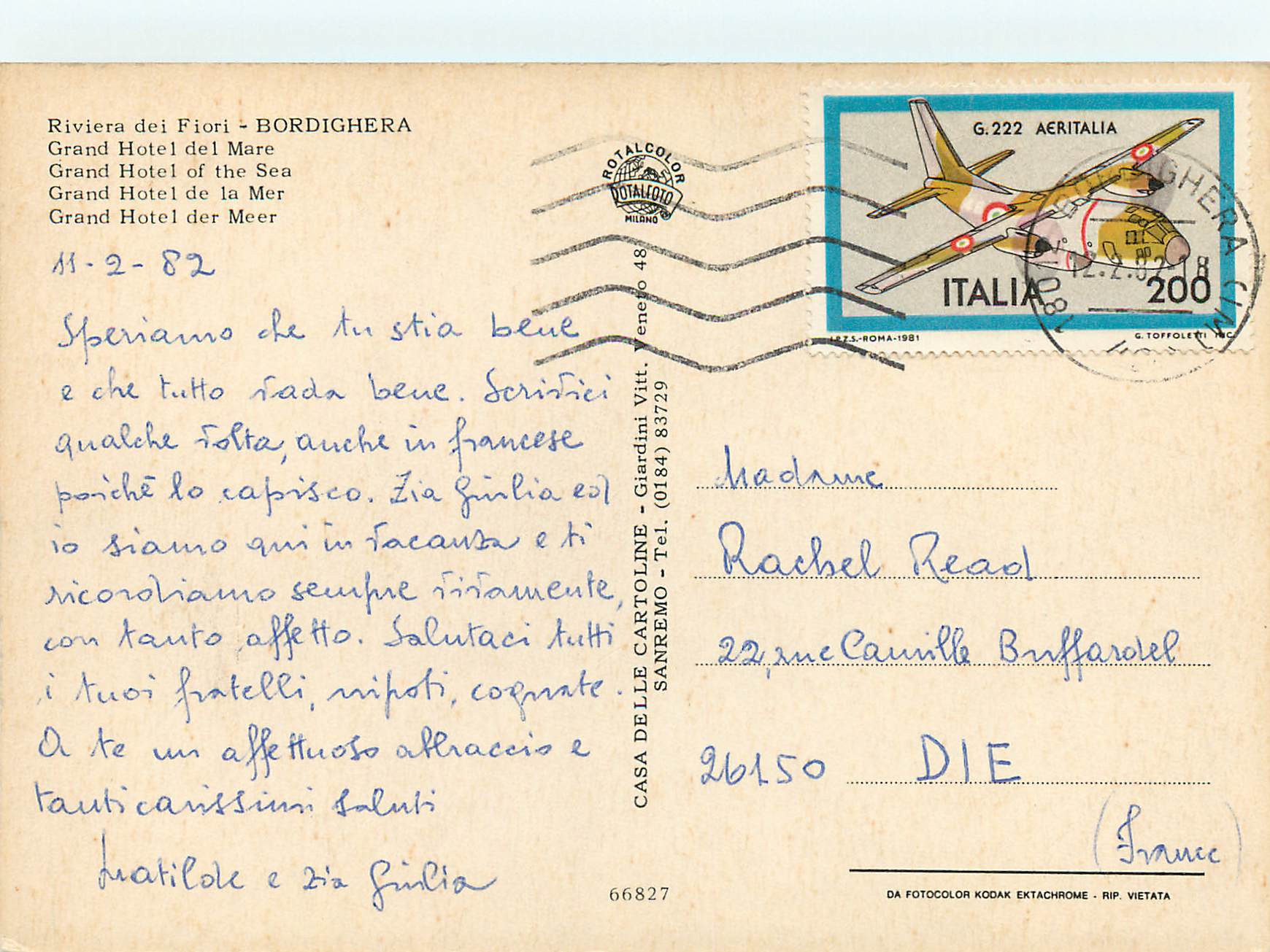 CPM Riviera dei Flori Bordighera Grand Hotel de la Mer — Rückseite