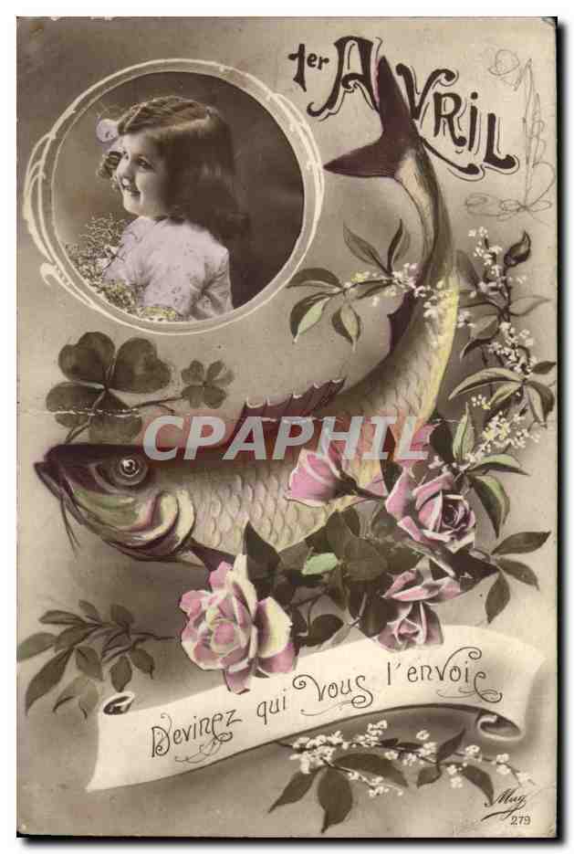 CPA FAntaisie Femme 1er avril Devinez qui vous l'envoie (Paques EAster Poisson fish)