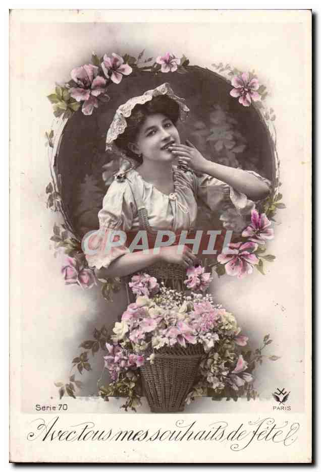 Je vous tous mes souhaits de fête — jeune femme avec panier de fleurs — Paris, Série 70