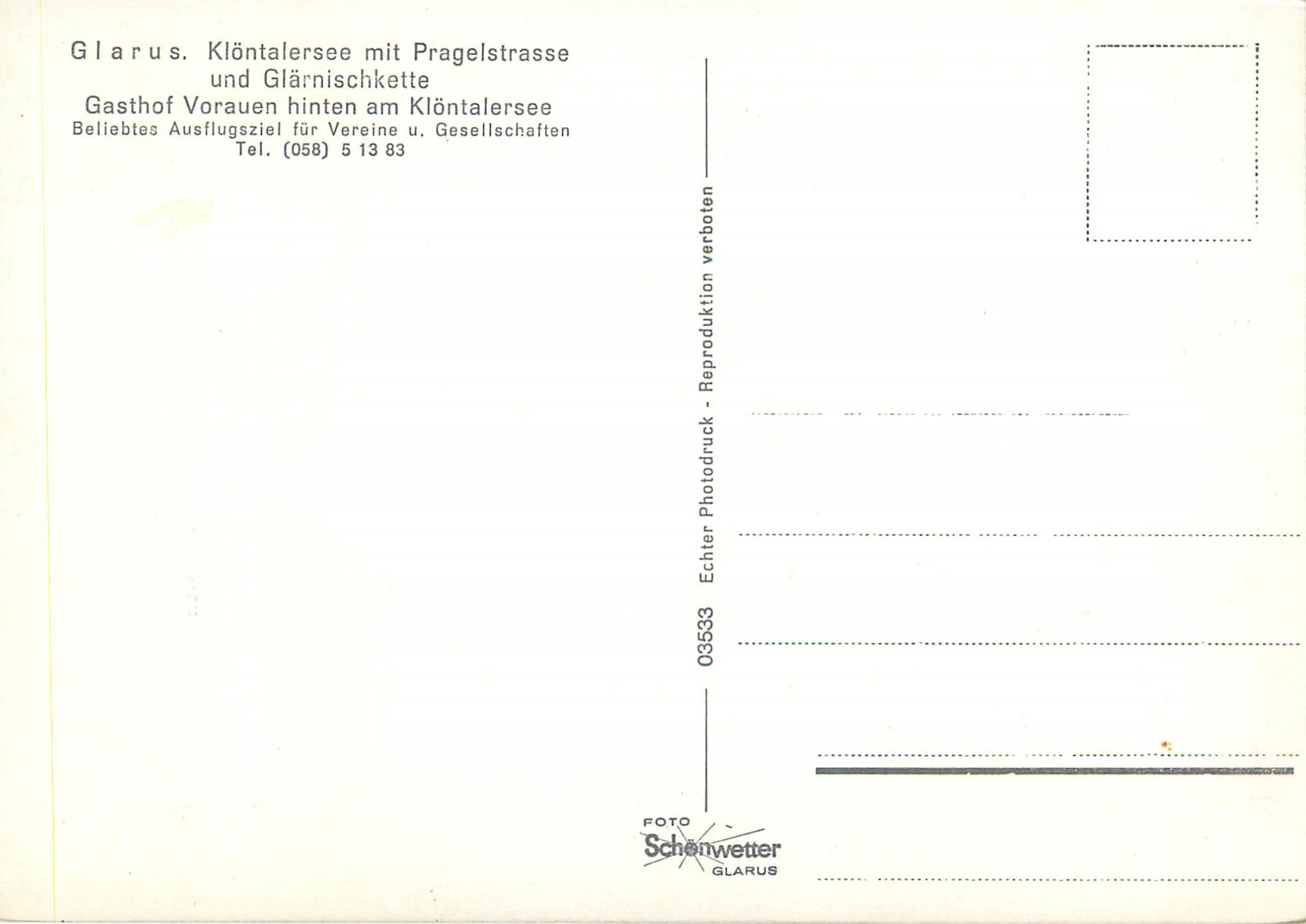CPM Glarus Klontalersee mit pragelstrasse und Glarnischkette Autobus — Rückseite
