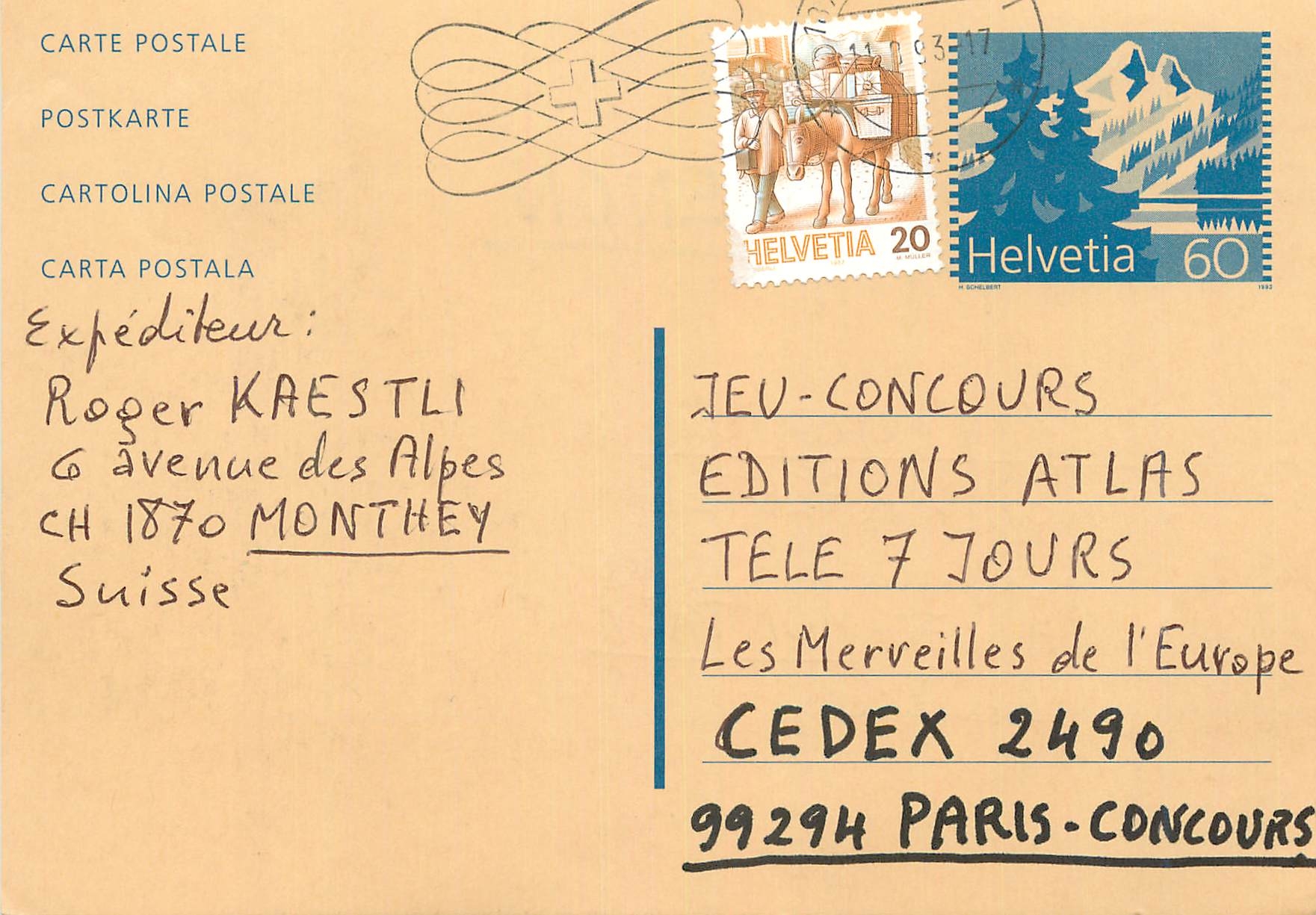 Entier Postal Suisse 1993 pour Paris