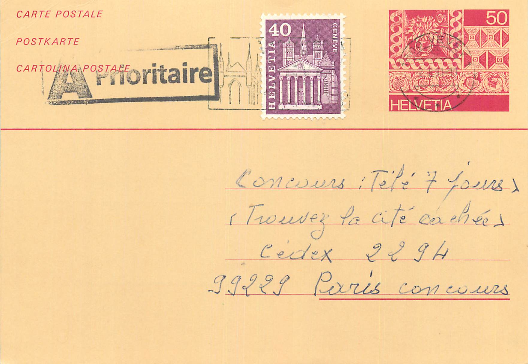Entier Postal Suisse 1991 pour Paris