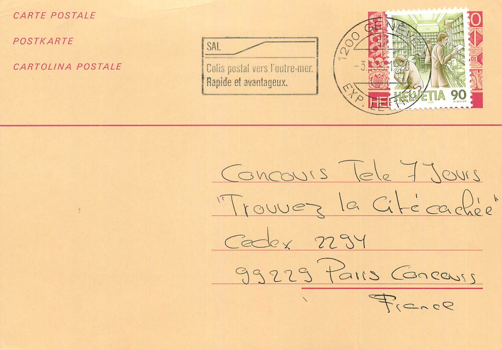 Entier Postal Suisse 1991 pour Paris
