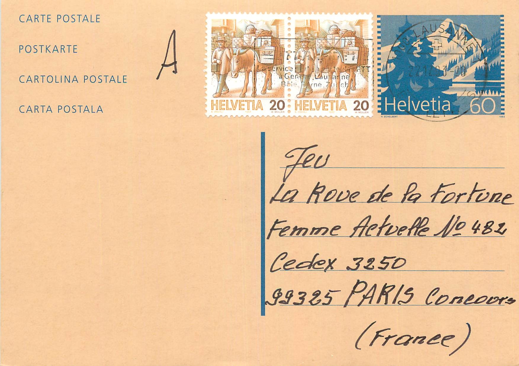 Entier Postal Suisse 1993 pour Paris