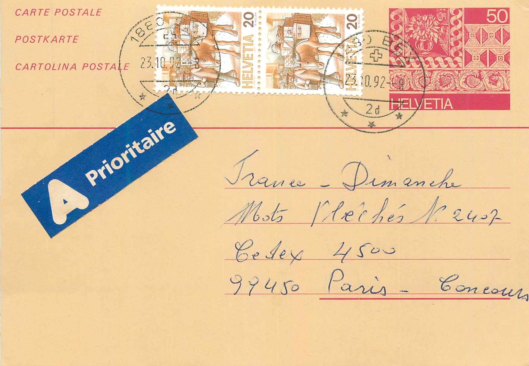 Entier Postal Suisse 1992 pour Paris