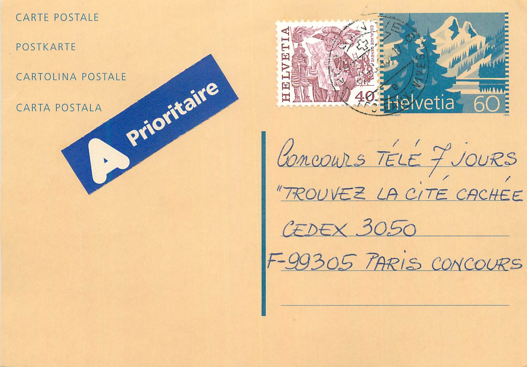 Entier Postal Suisse 1993 pour Paris