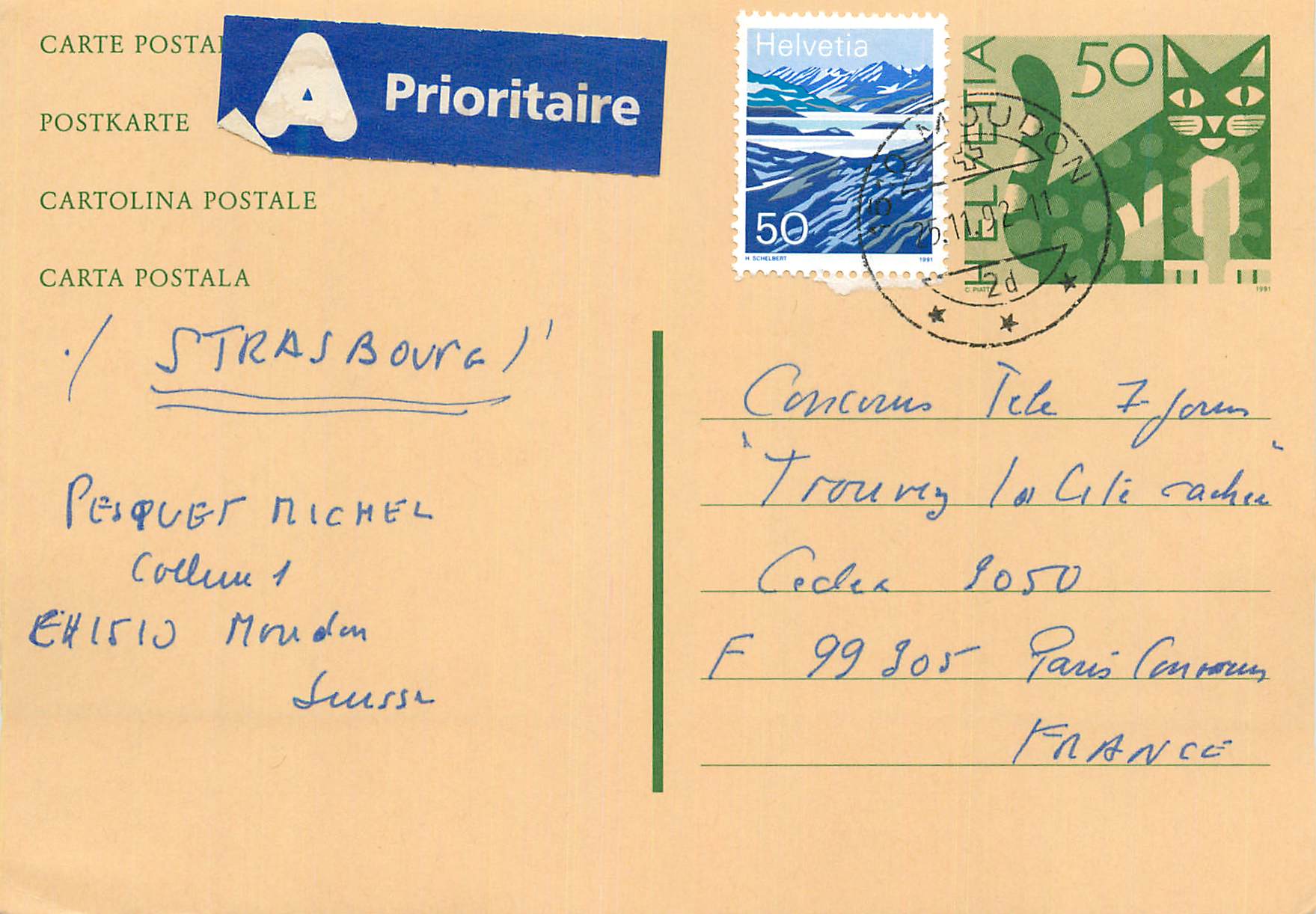 Entier Postal Suisse 1992 pour Paris