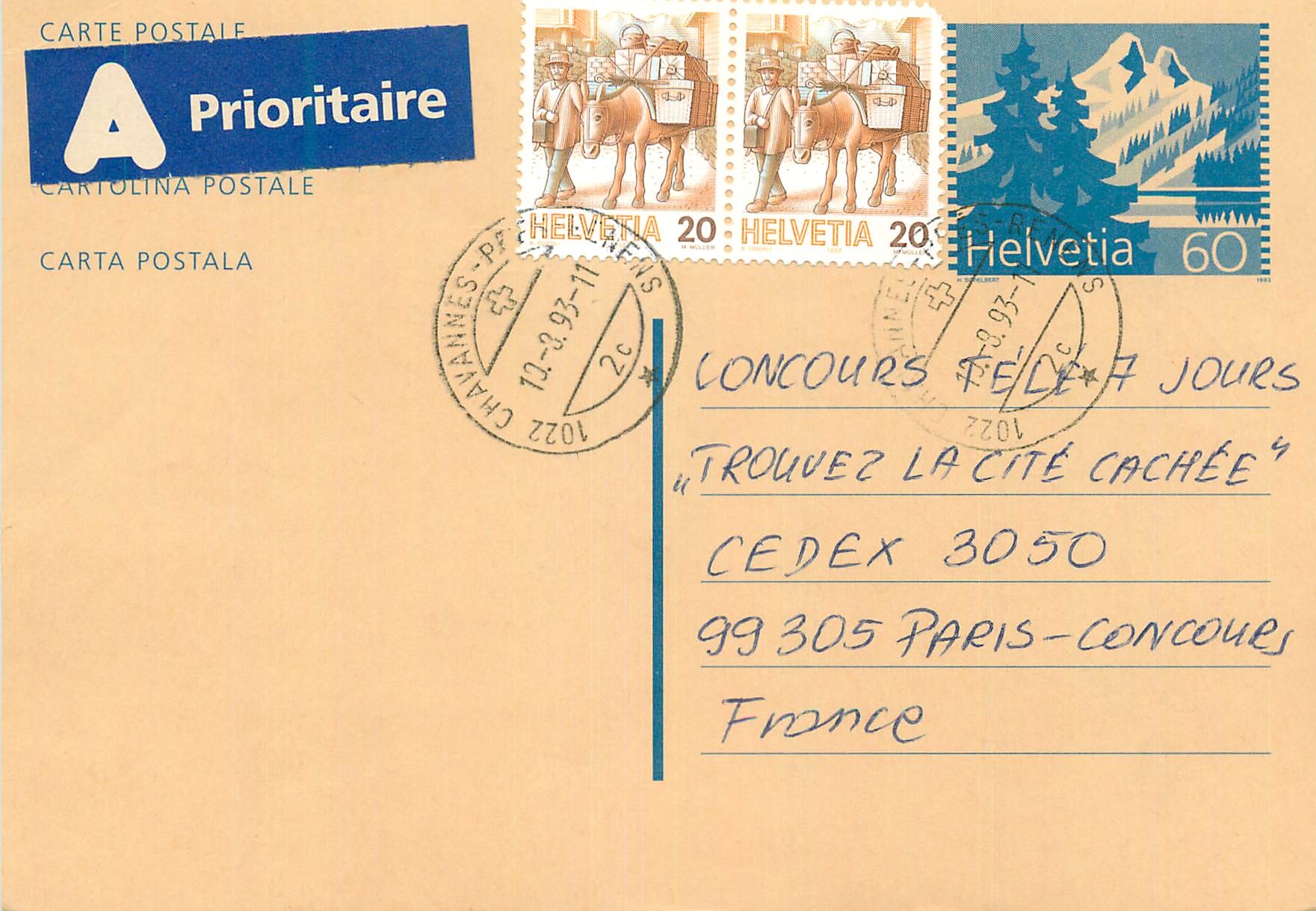 Entier Postal Suisse 1993 pour Paris