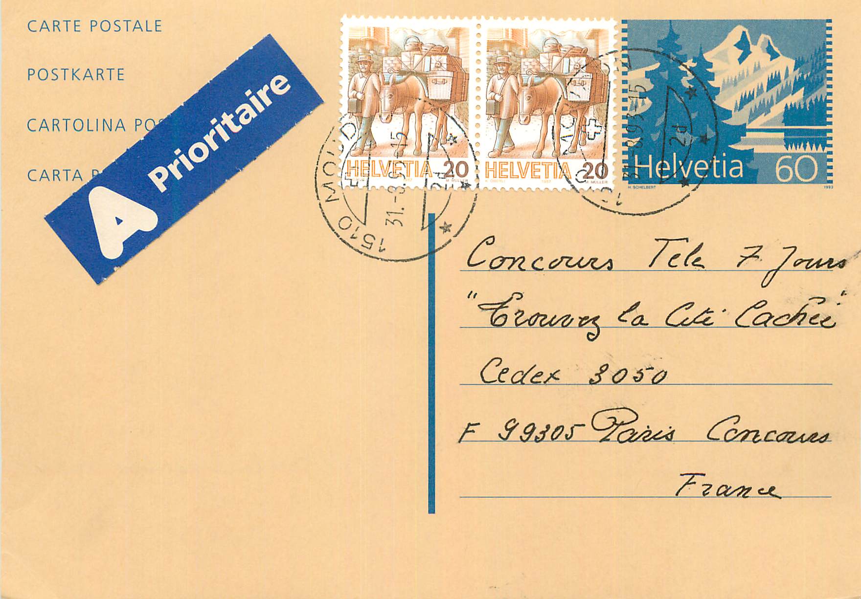 Entier Postal Suisse 1993 pour Paris
