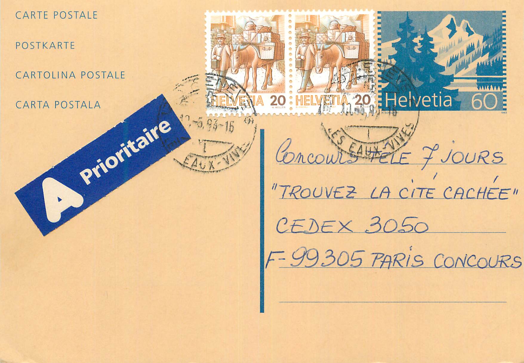 Entier Postal Suisse 1993 pour Paris