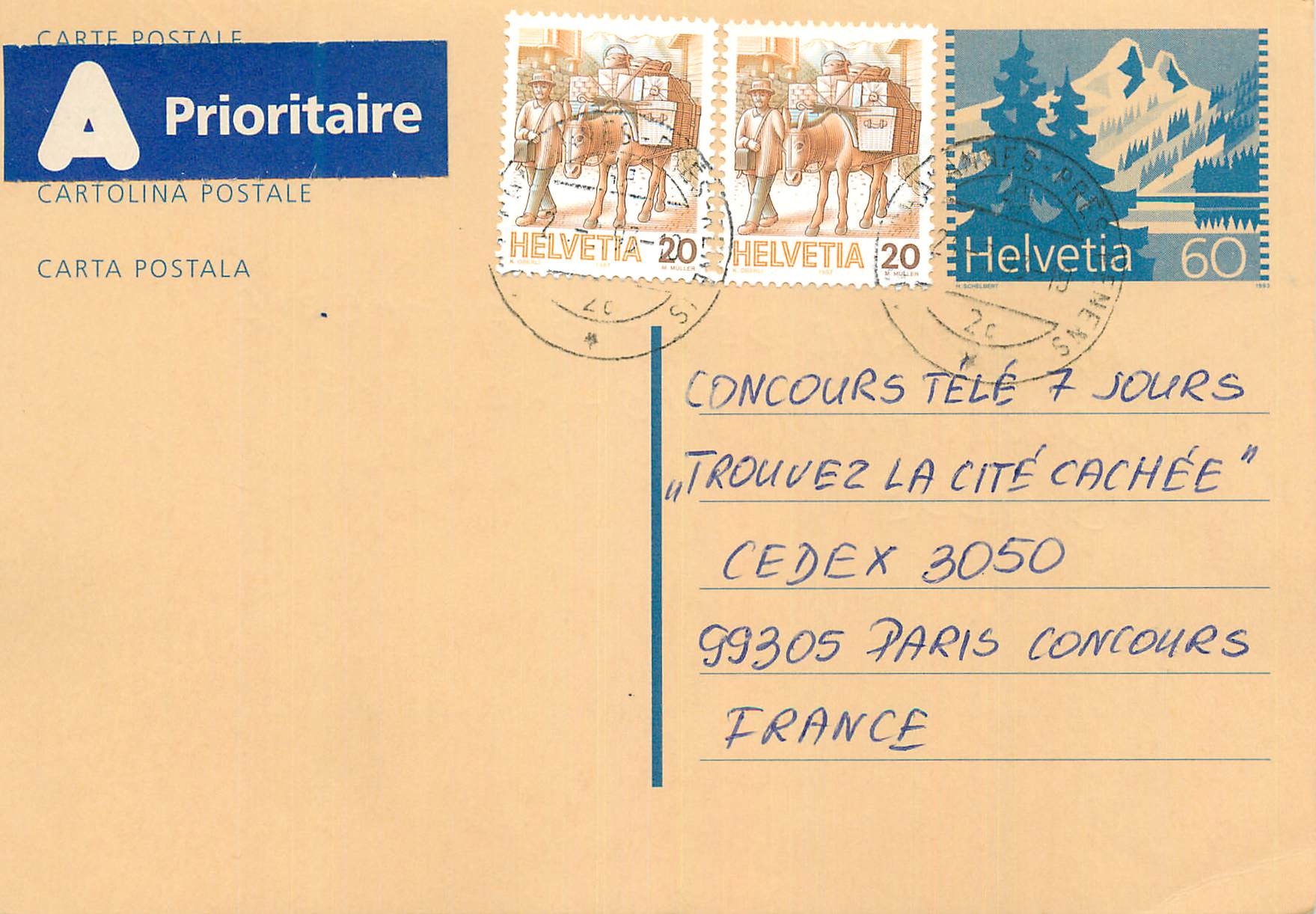 Entier Postal Suisse 1993 pour Paris