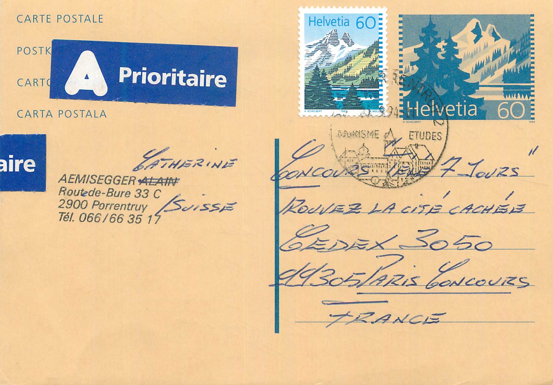 Entier Postal Suisse 1994 pour Paris
