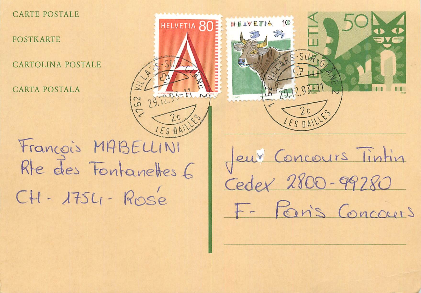Entier Postal Suisse 1993 pour Paris