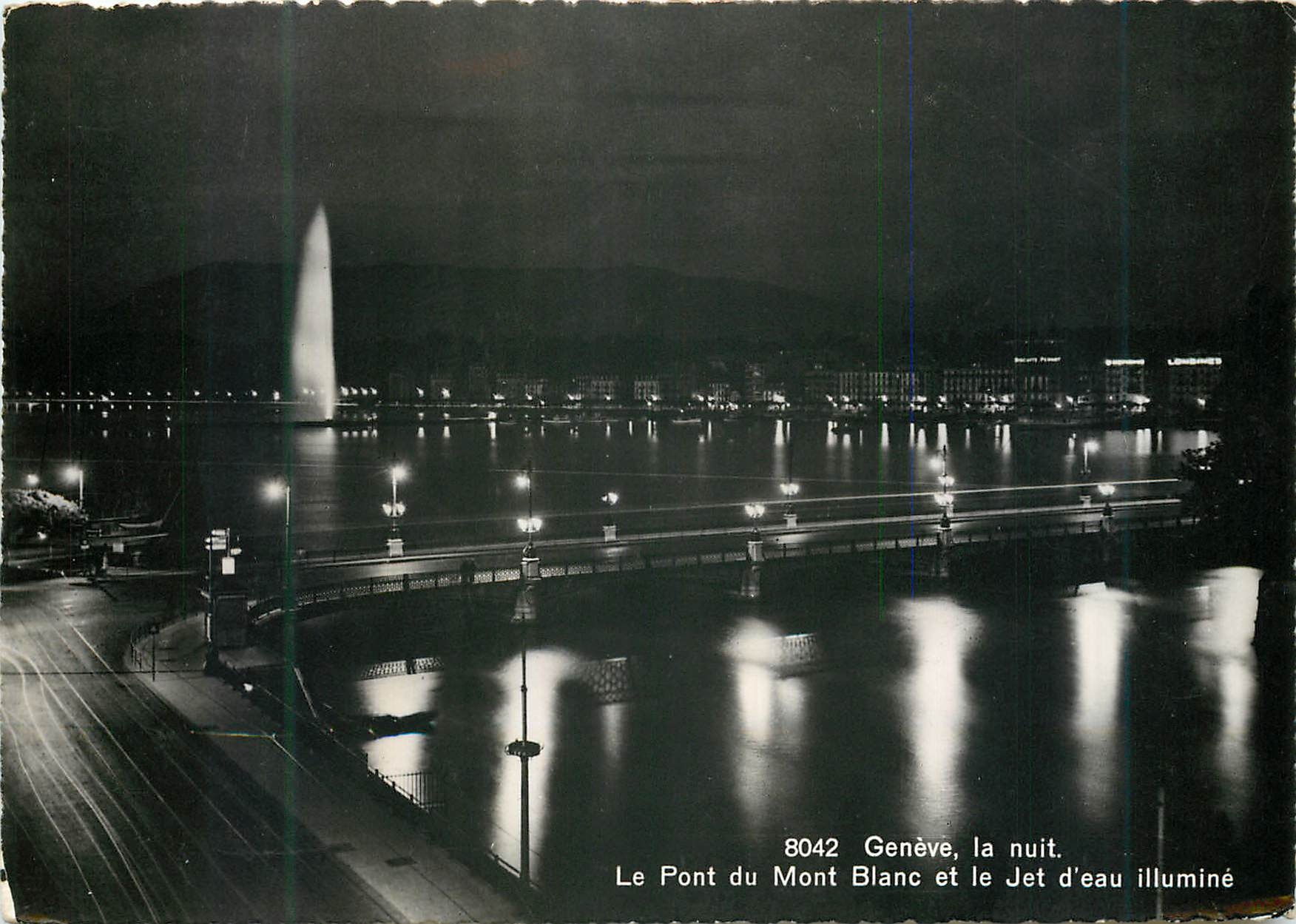 CPM Geneve la nuit Le Pont du Mont-Blanc et le Jet d'eau illumine