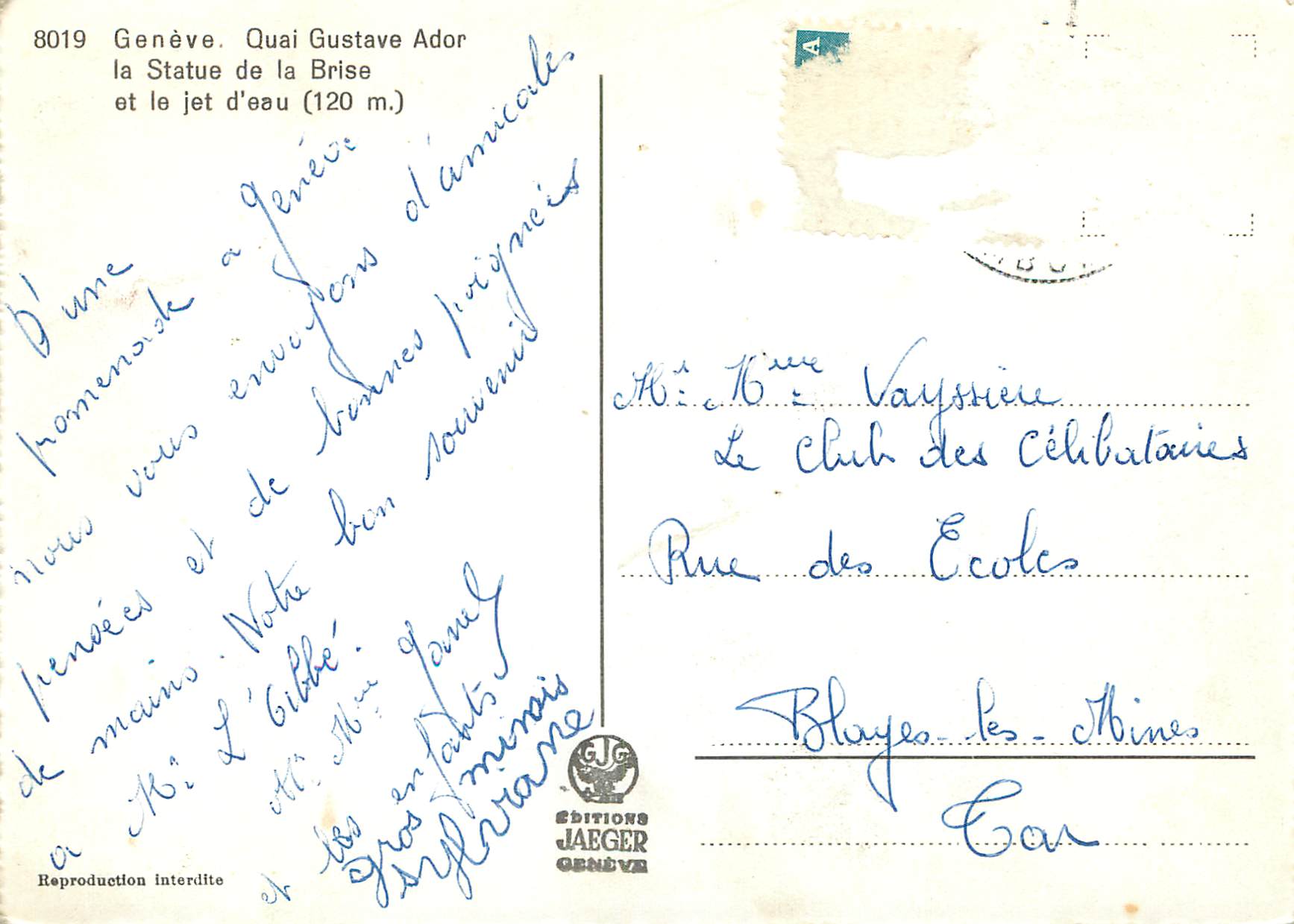 CPM Geneve Quai Gustave Ador la Statue de la Brise et le jet d'eau — Verso