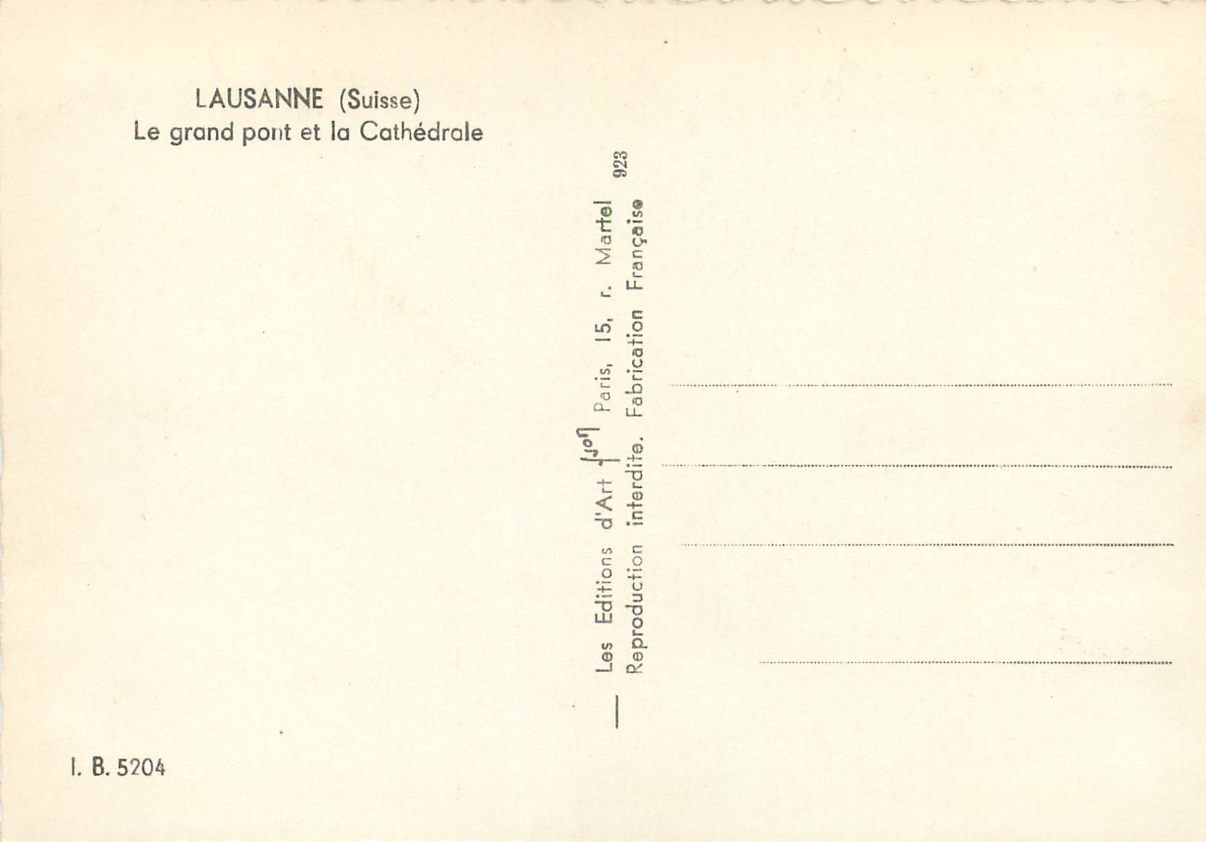 CPM Lausanne (Suisse) Le grand pont et la Cathedrale — Rückseite