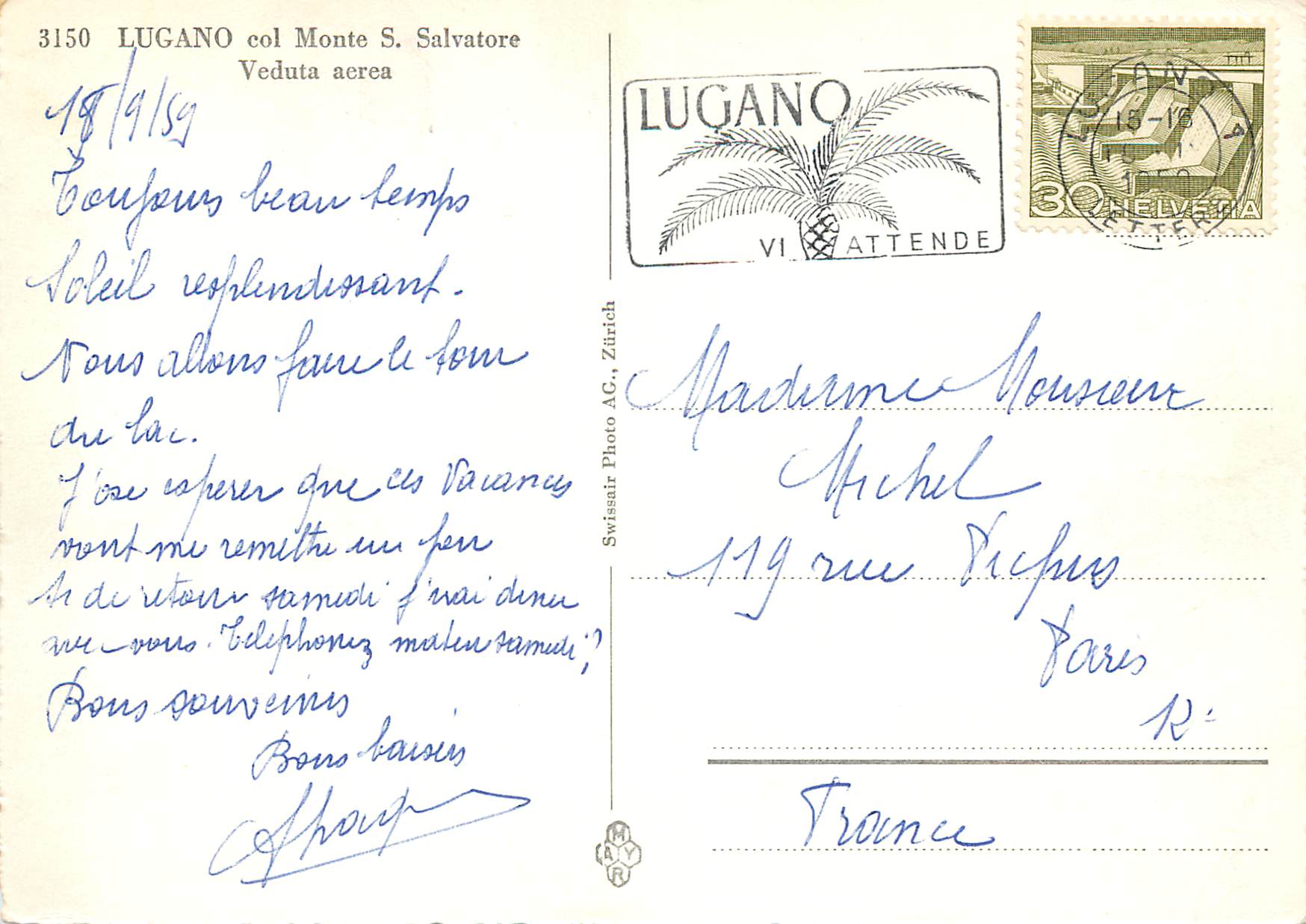 CPM Lugano col Monte S Salvatore Veduta acrea — Rückseite