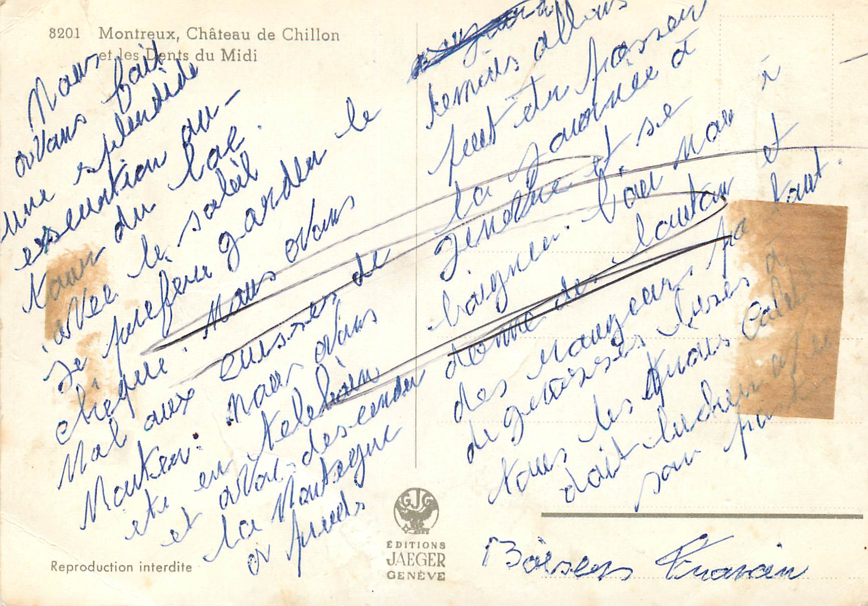 Montreux, Château de Chillon et les Dents du Midi — Éditions Jaeger, n° 8201 — Back