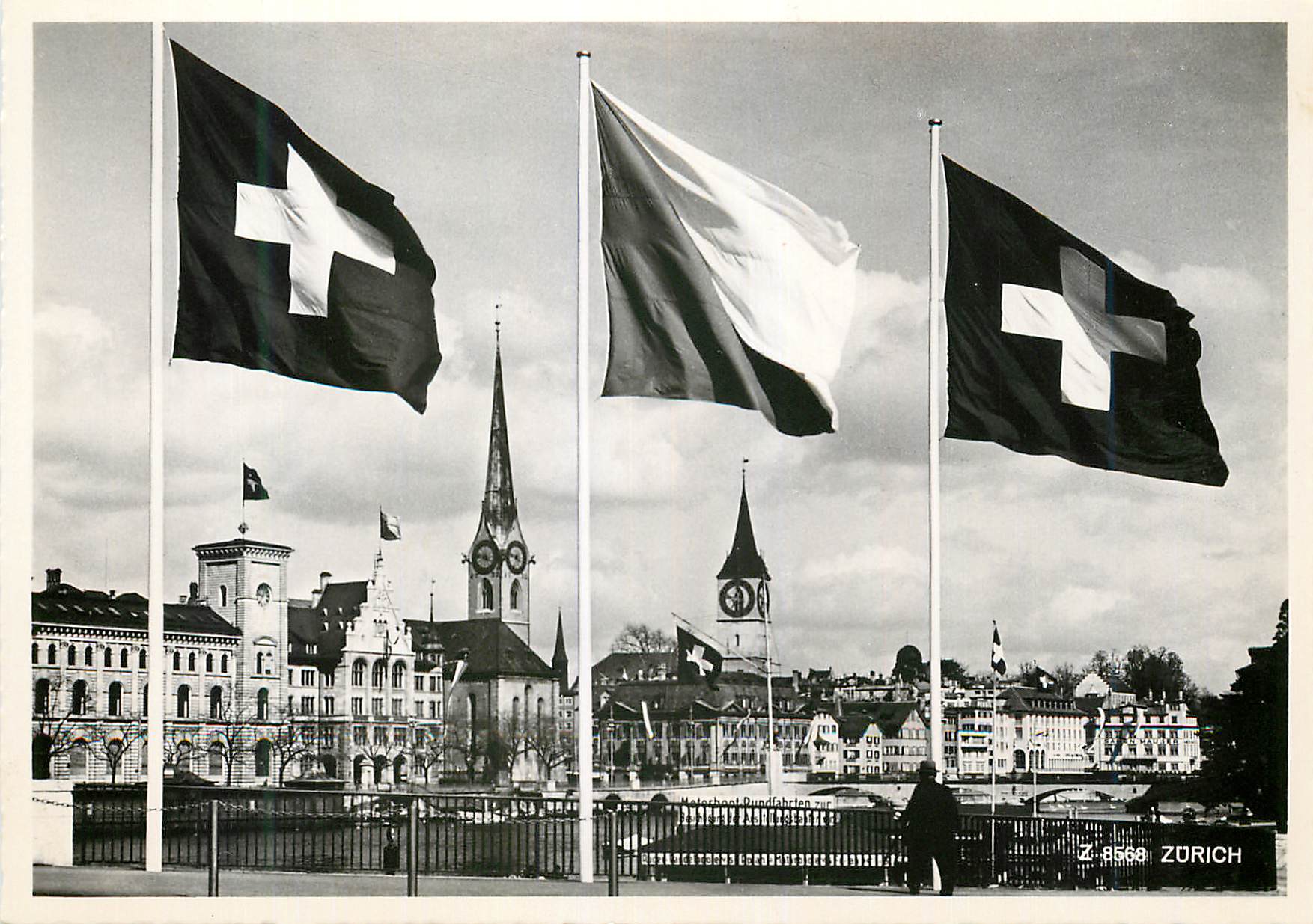 Vues de Zurich — trois drapeaux suisses — éditeur Verlag Beringer & Pampalunger, Zurich
