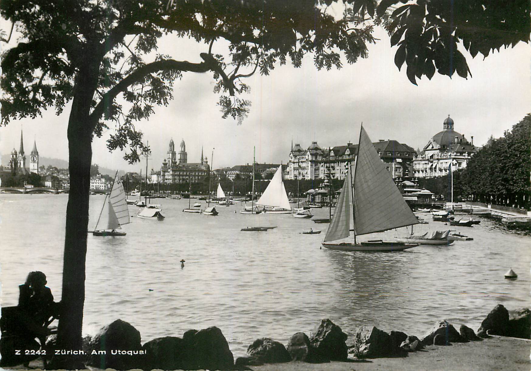 Zurich. Am Utoquai — vue du lac avec voiliers — éditeur Verlag Beringer & Pampalinger, Zurich
