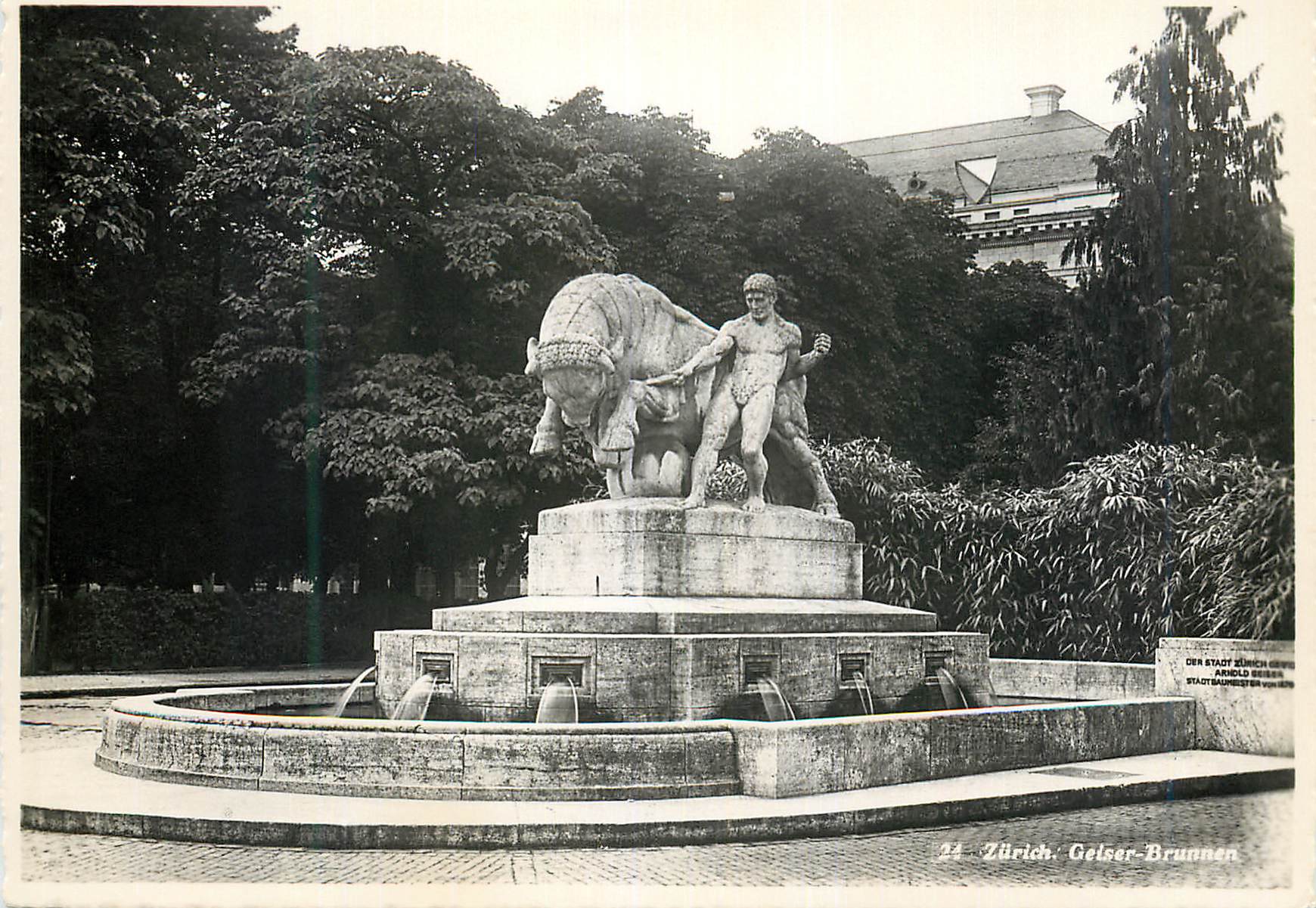 Zurich - Gelser-Brunnen — statue d'un homme et d'un taureau — éditeur DER STADT ZÜRICH ARNOLD GESSER