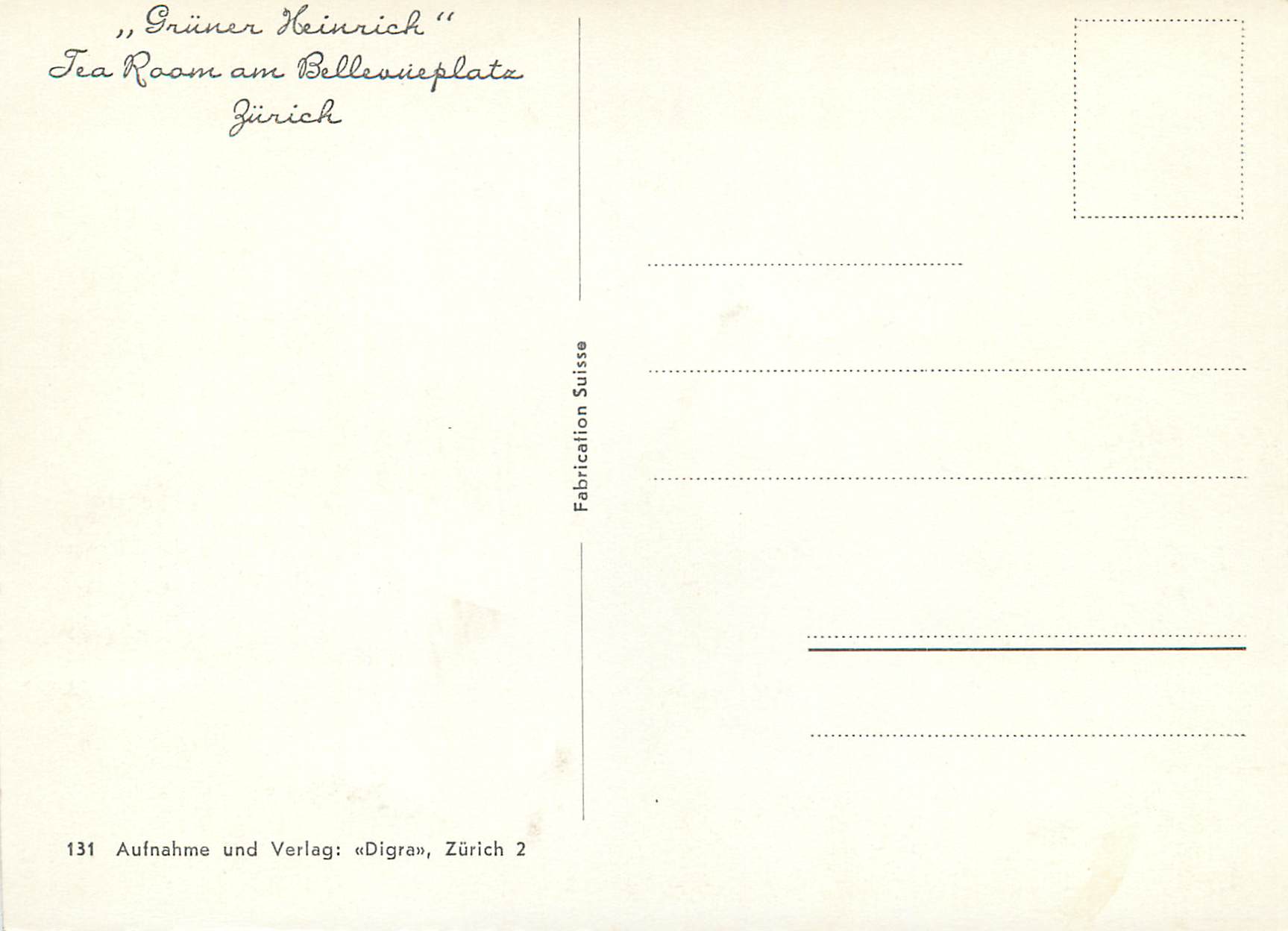 „Grüner Heinrich“ — Tea Room am Bellevueplatz — Fabrication et édition « Digra », Zurich 2 — Verso