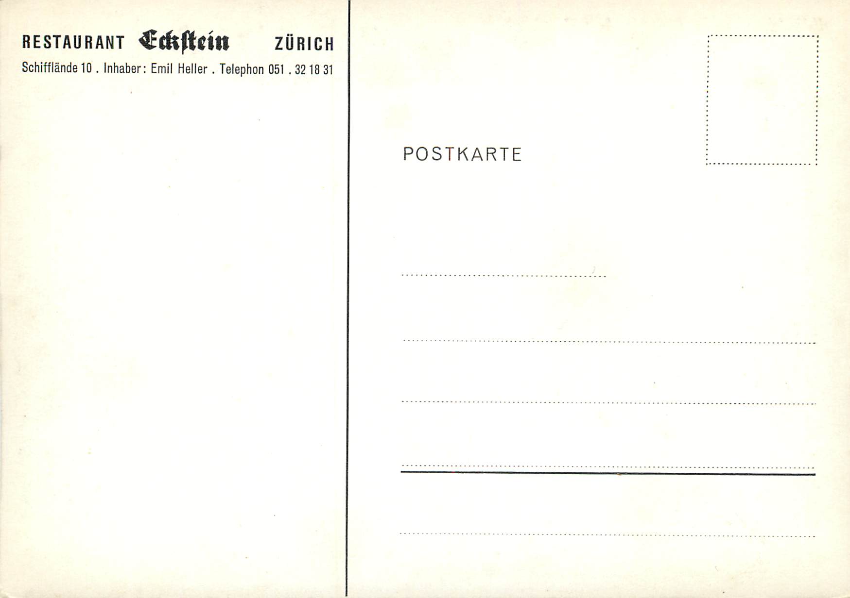 Restaurant zum Eckstein — Zürich, Schifflände 10 — éditeur non visible — Rückseite