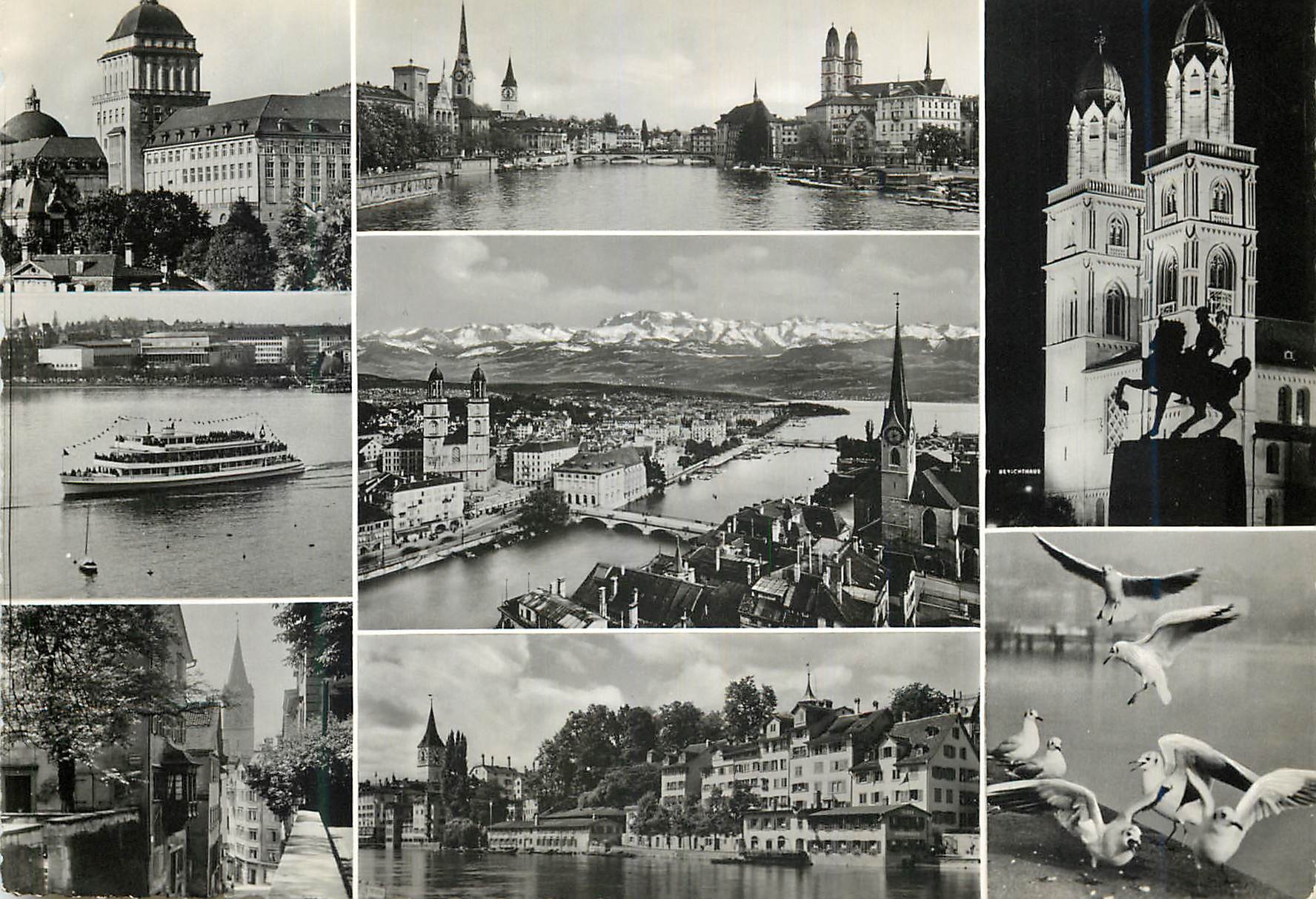 Zurich — vue panoramique avec montagnes enneigées et monuments — Verlag Beringer & Pampalunger, Zürich