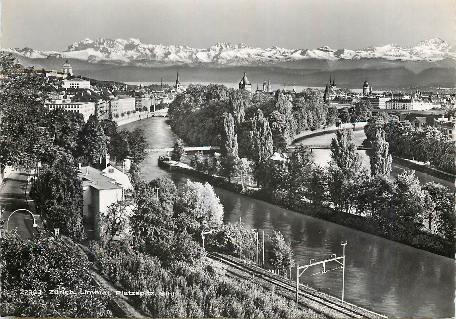 Zurich-Limmat, Platzspitz — vue panoramique avec les Alpes enneigées — Verlag Beringer & Pampaluchi, n° 27883