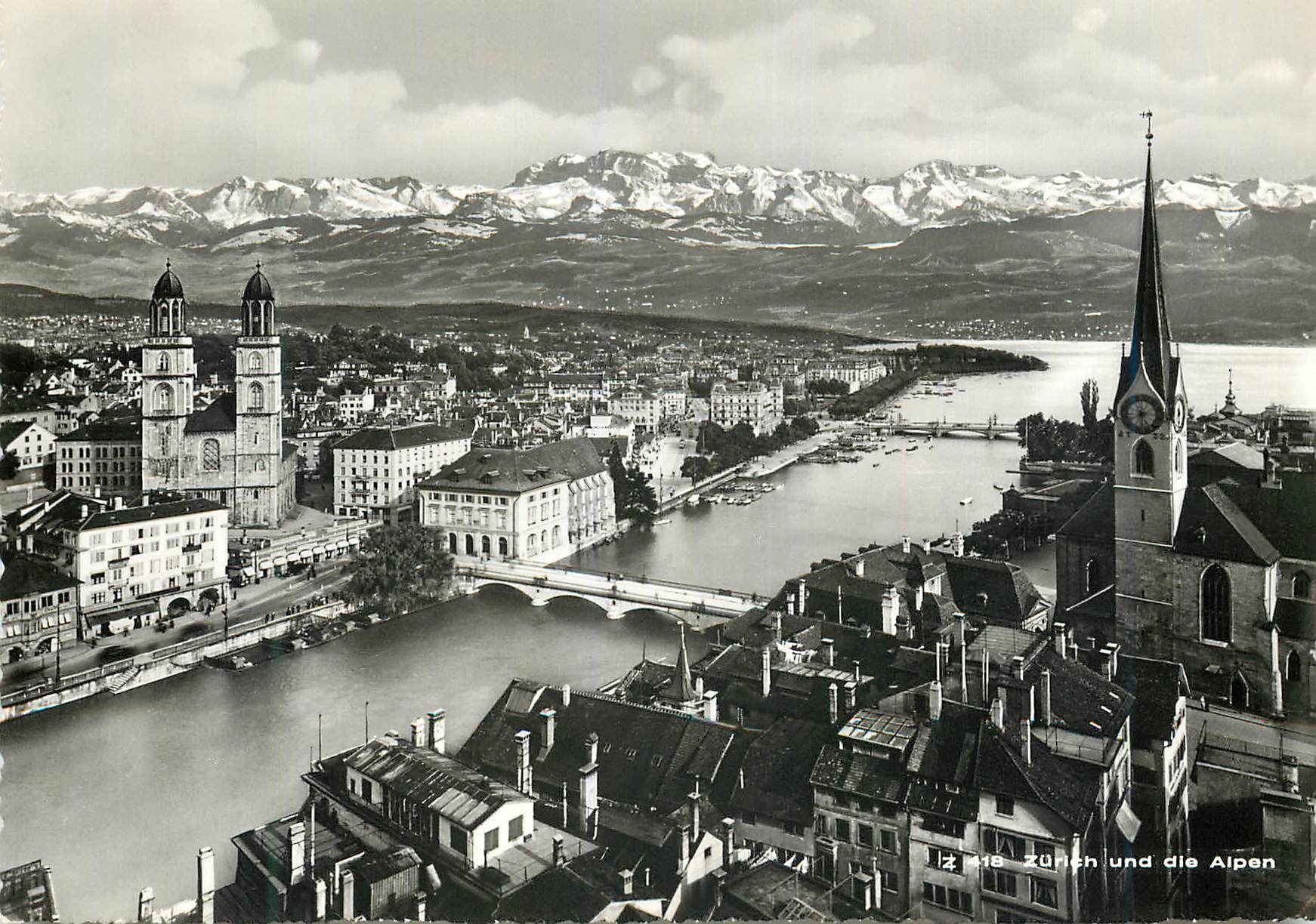 Zurich und die Alpen — vue aérienne de la ville et des montagnes enneigées — éditeur Vérlas Beringer & Pampaluchi, n° 148