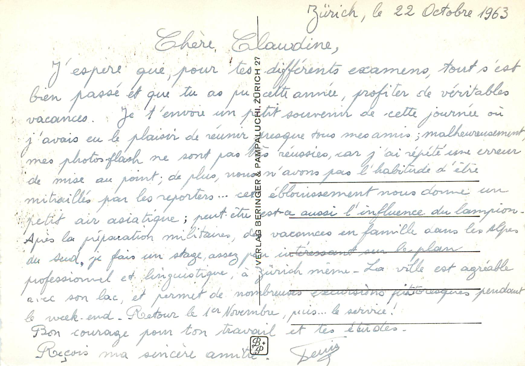 Zurich und die Alpen — vue aérienne de la ville et des montagnes enneigées — éditeur Vérlas Beringer & Pampaluchi, n° 148 — Verso