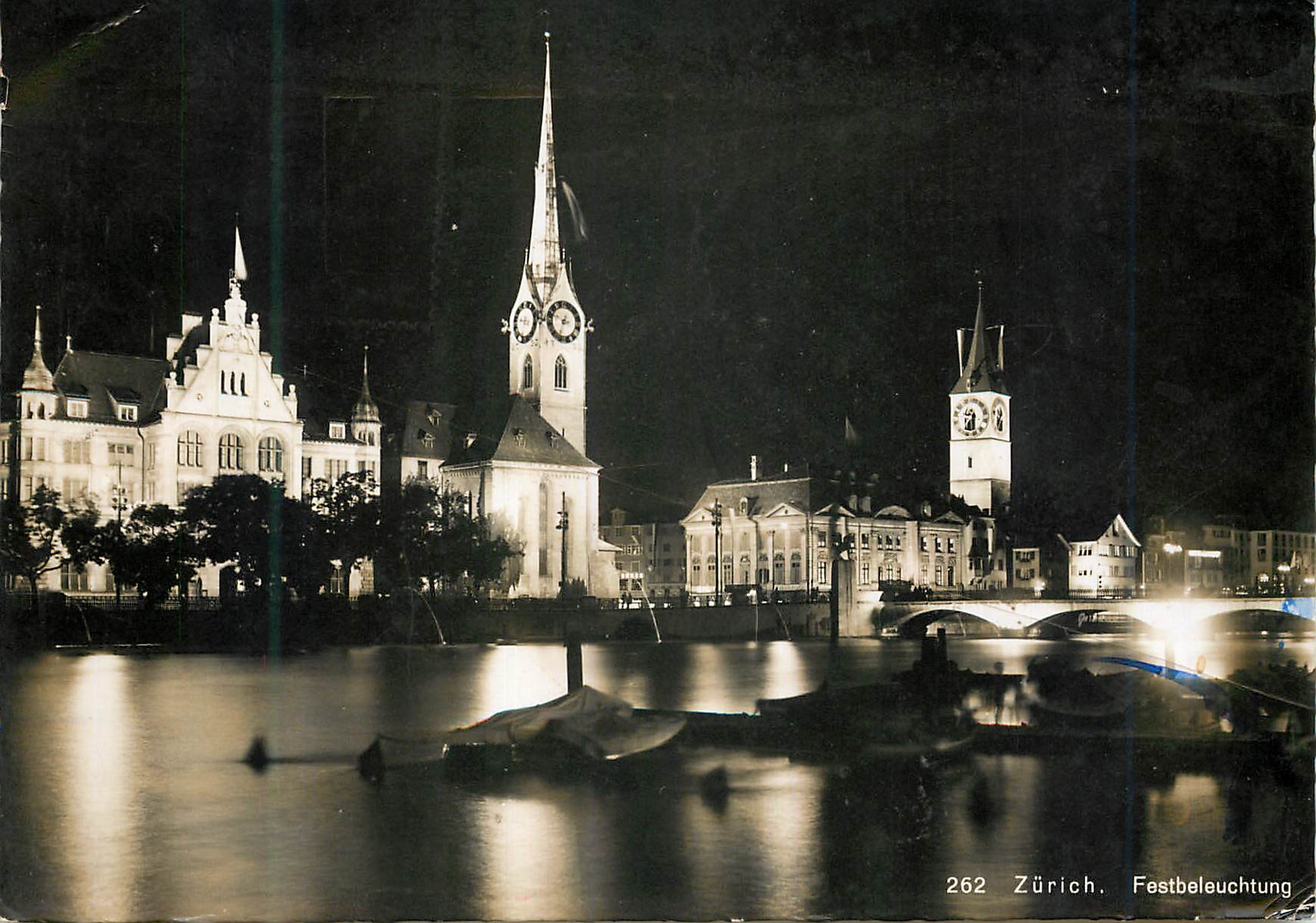 Zurich — vue nocturne avec éclairage festif — Photo u. Verlag E. Fügler, Zürich, n° 262