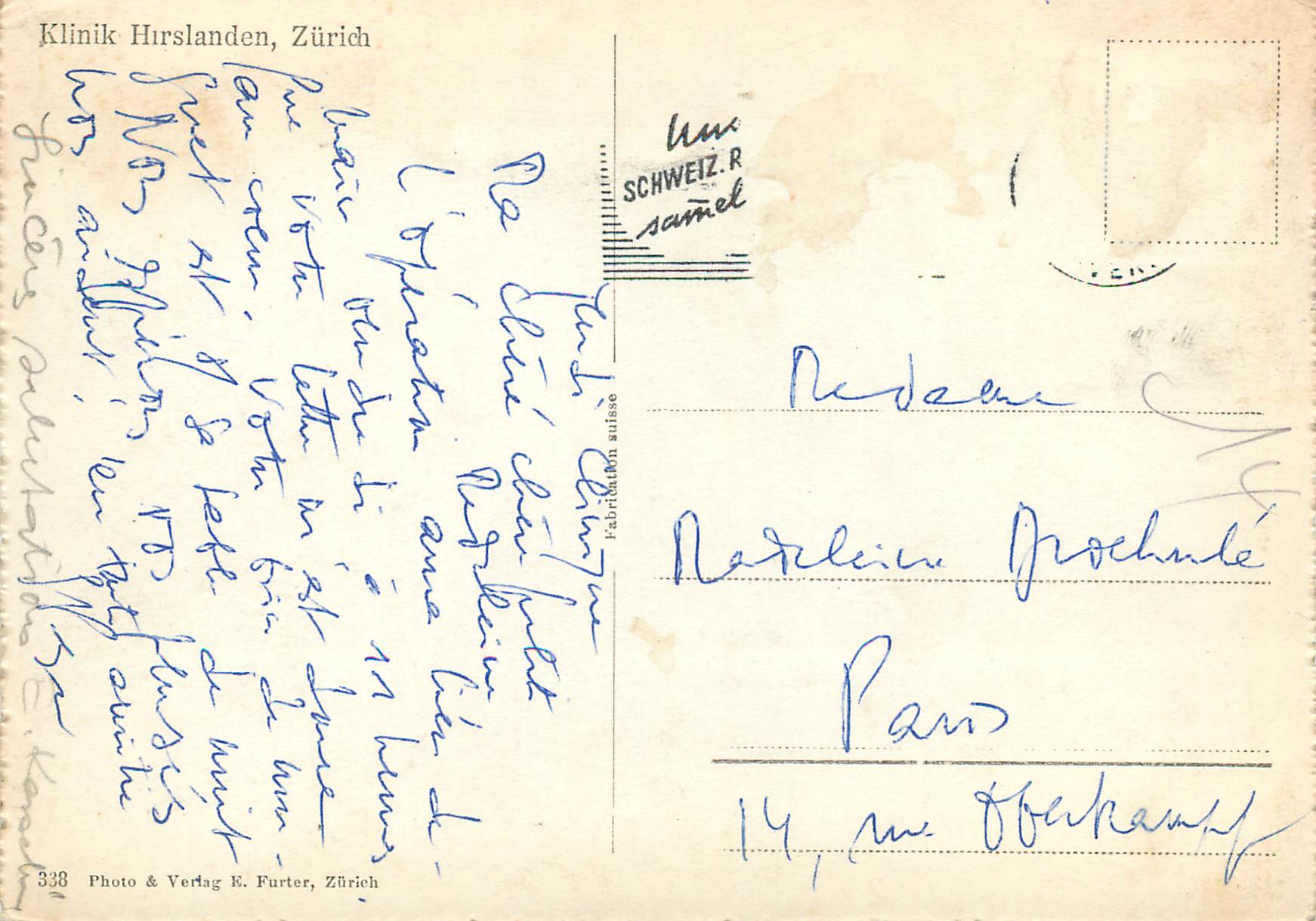 Klinik Hurslanden, Zürich — Photo & Verlag E. Furter, Zürich n°338 — Verso