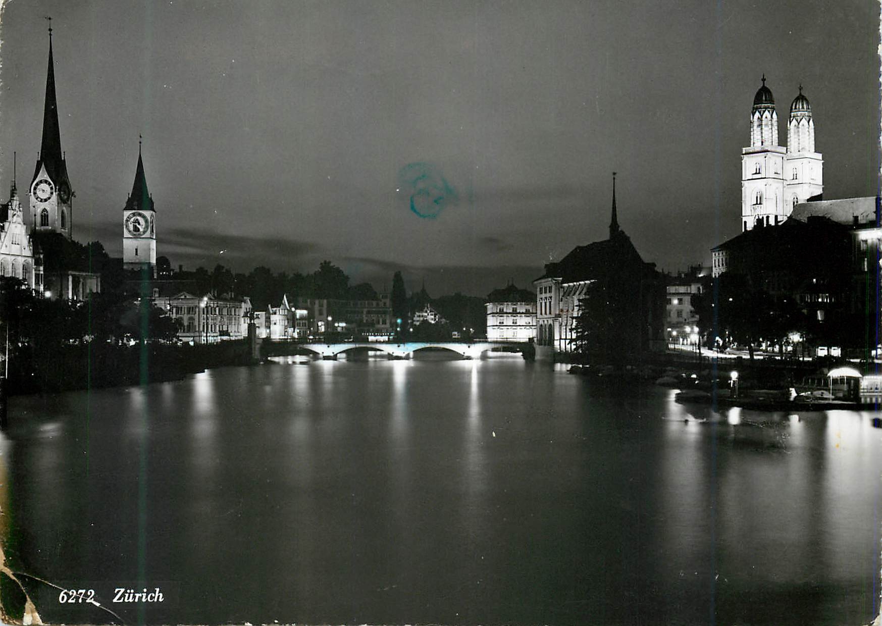Vue nocturne de Zurich — pont et églises illuminées — éditeur Zürich, n° 6272