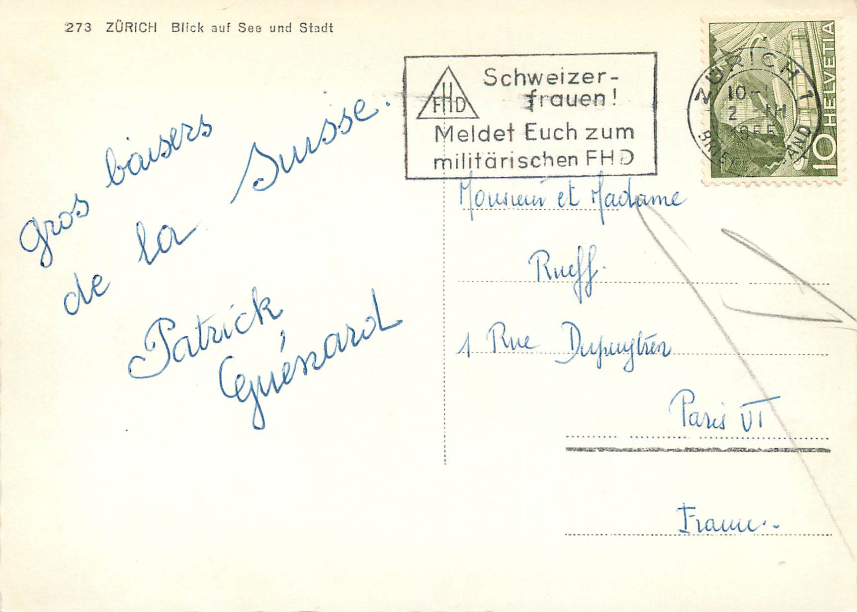 Zurich — Vue sur le lac et la ville — éditeur FHD, n° 273 — Back
