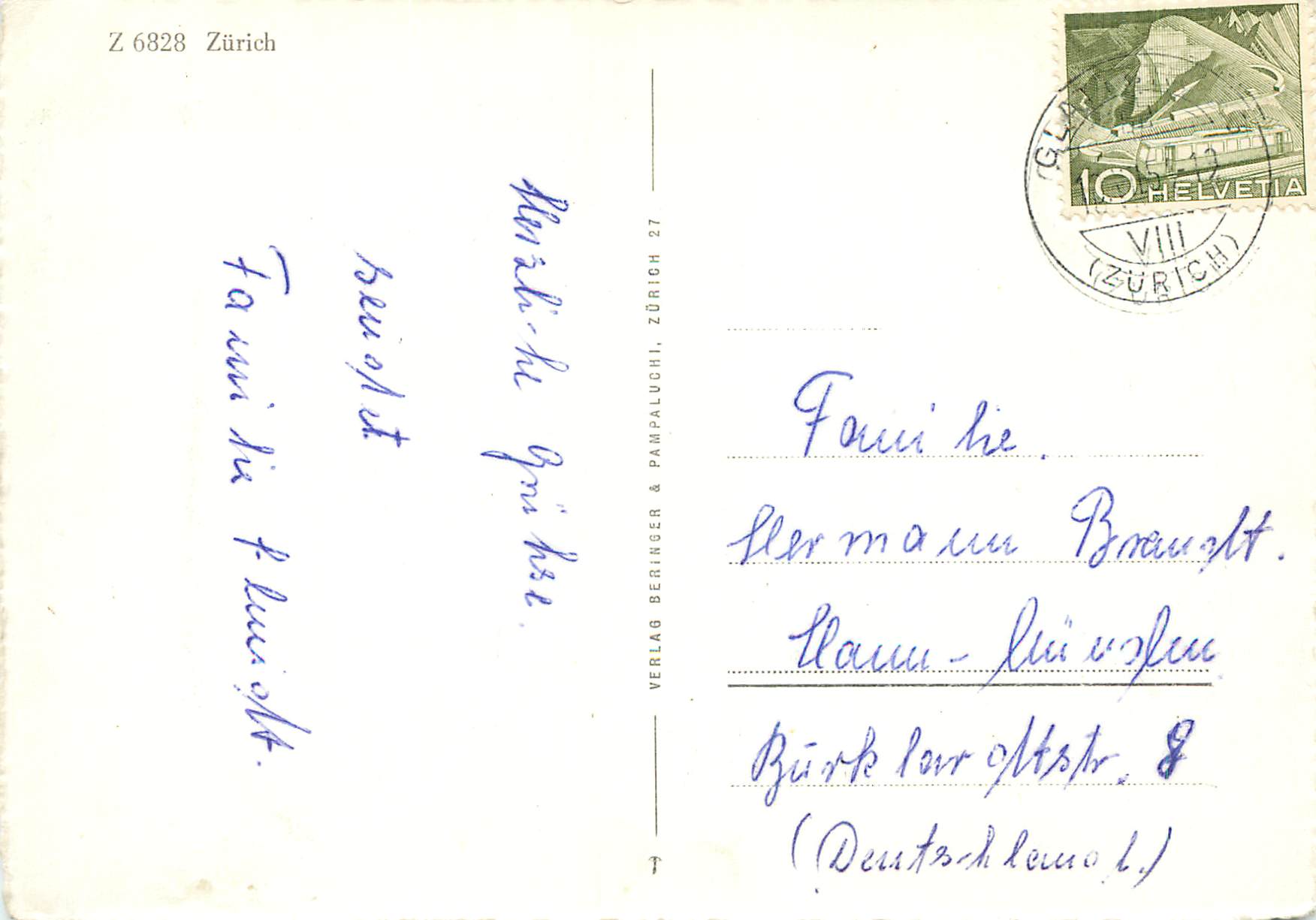 Zurich — vue panoramique — Verlag Beringer & Pampaluchi, n° Z 6828 — Rückseite