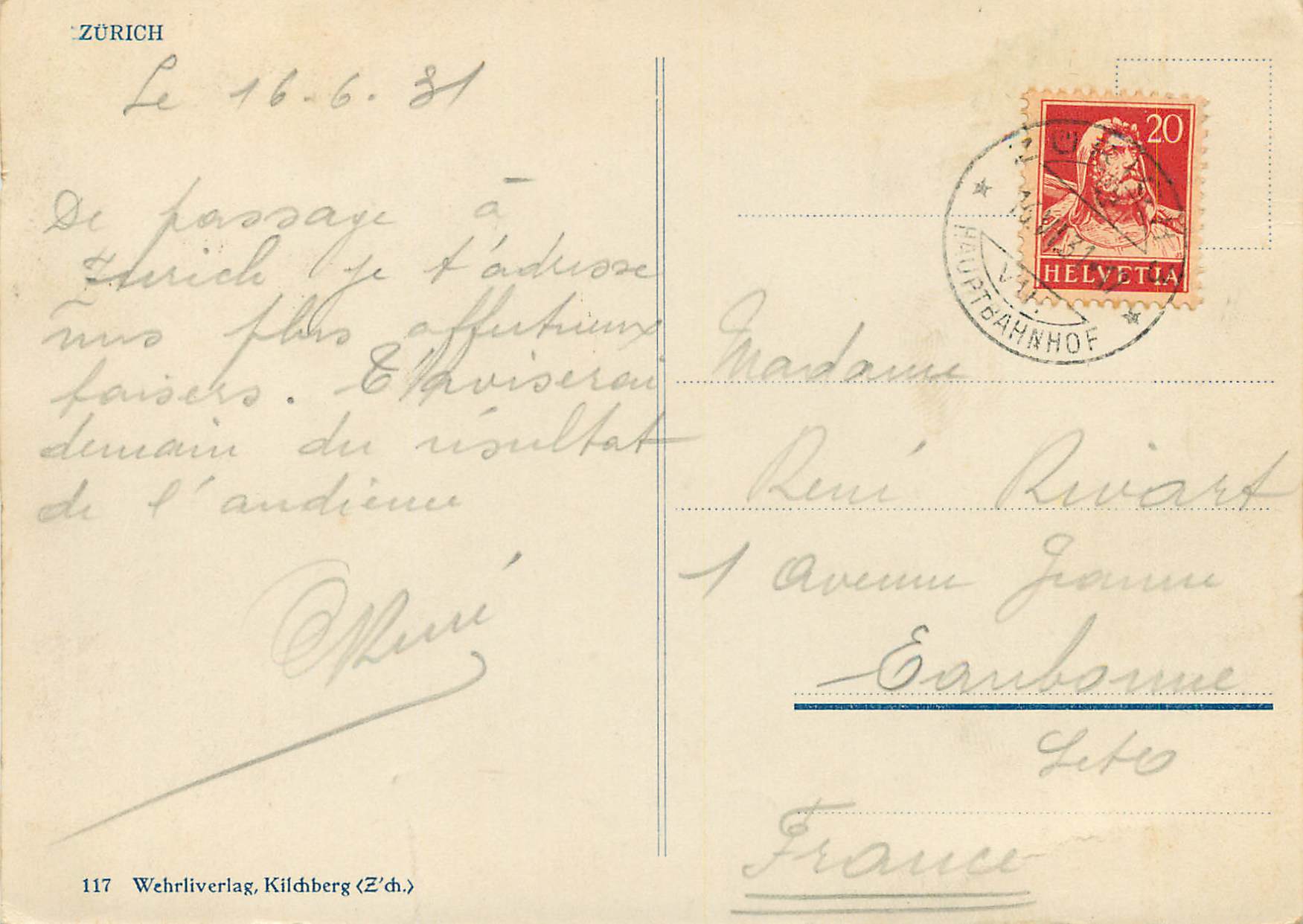 Zurich — vue du port avec bateaux et églises — Wehrli Verlag, n°117 — Verso