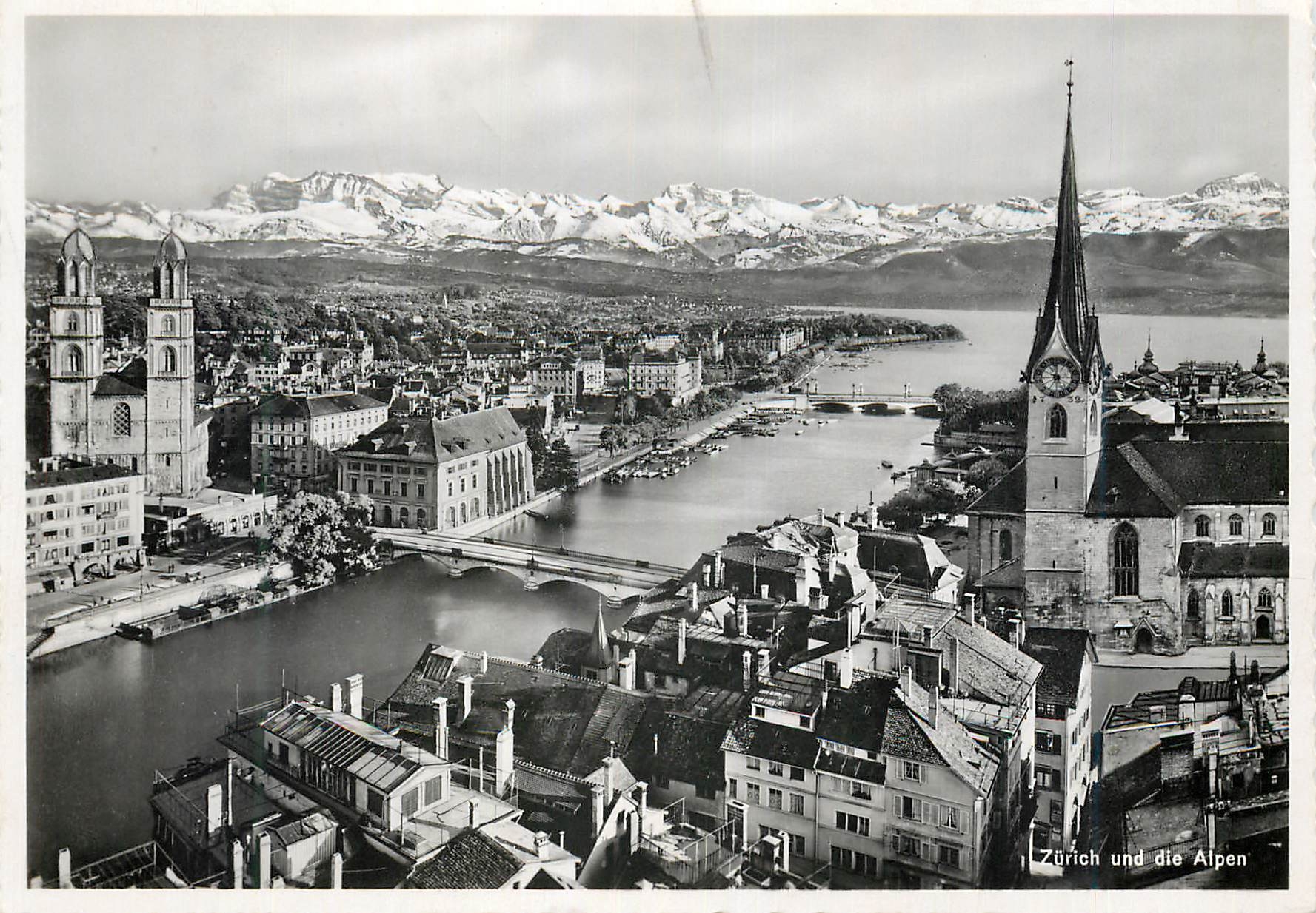 Zurich und die Alpen — vue aérienne de la ville et des montagnes enneigées — Photoglob-Weinli & Co. n° 1775