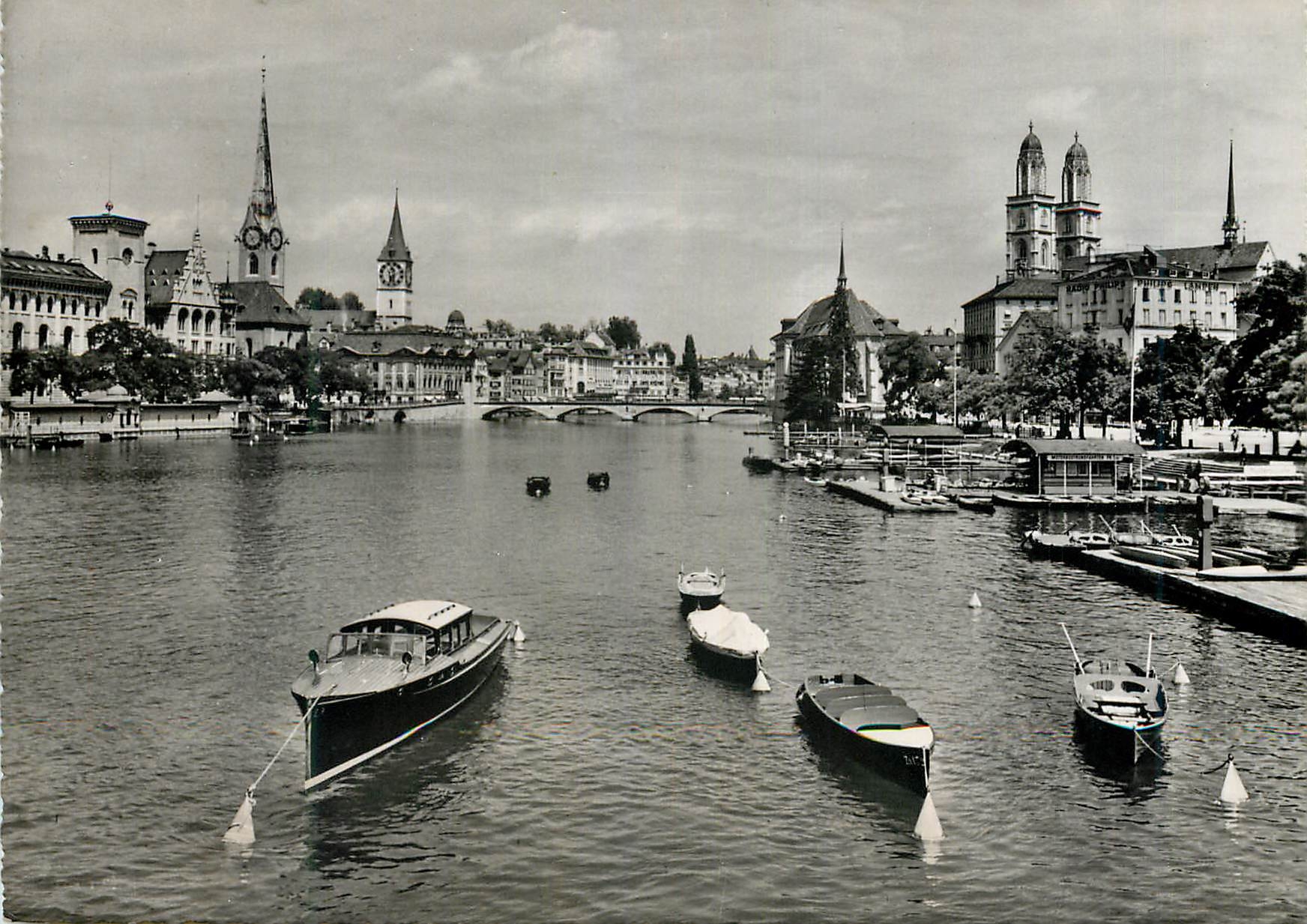 Zurich — vue du Rhône avec pont et églises — Photoglob W. G., Zürich