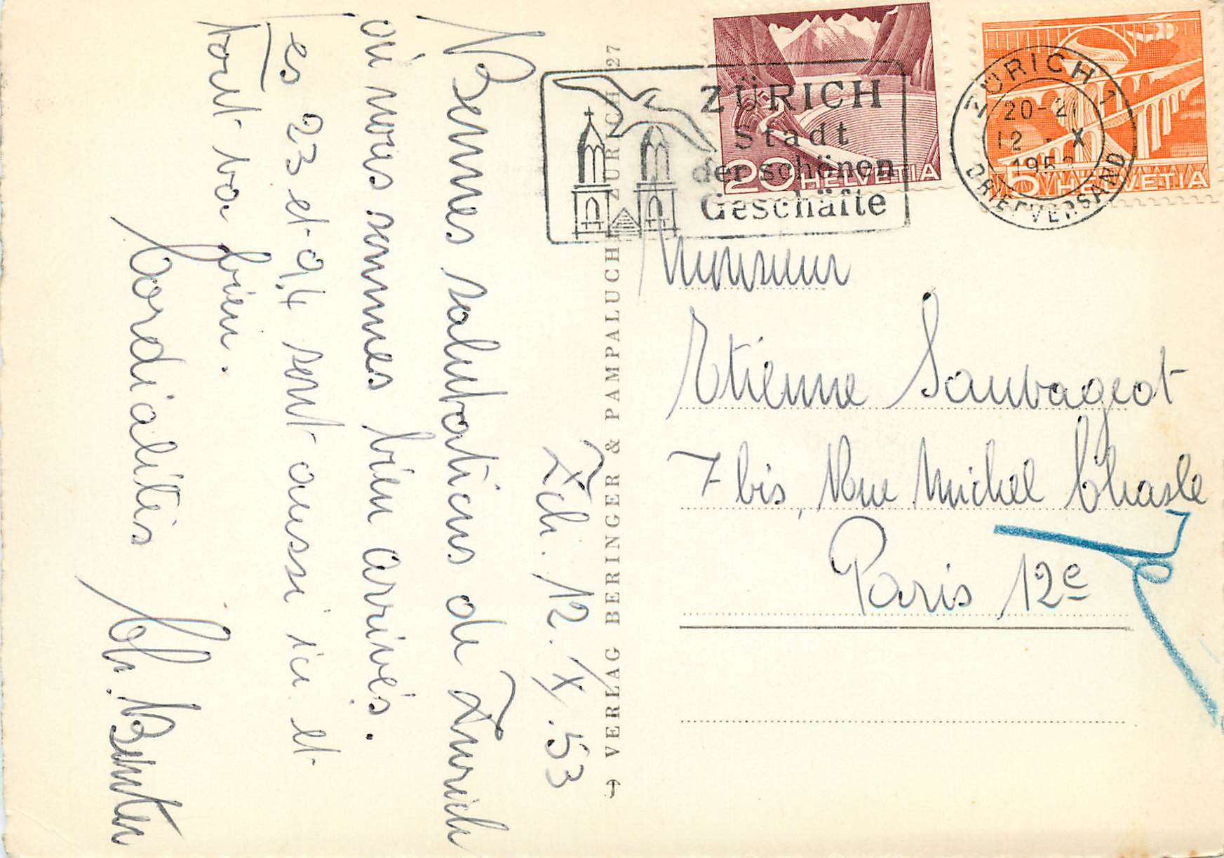 Am Zürichsee — vue avec cygnes et voiliers — Z 8411, Verlag Beringer & Pampaluch — Verso