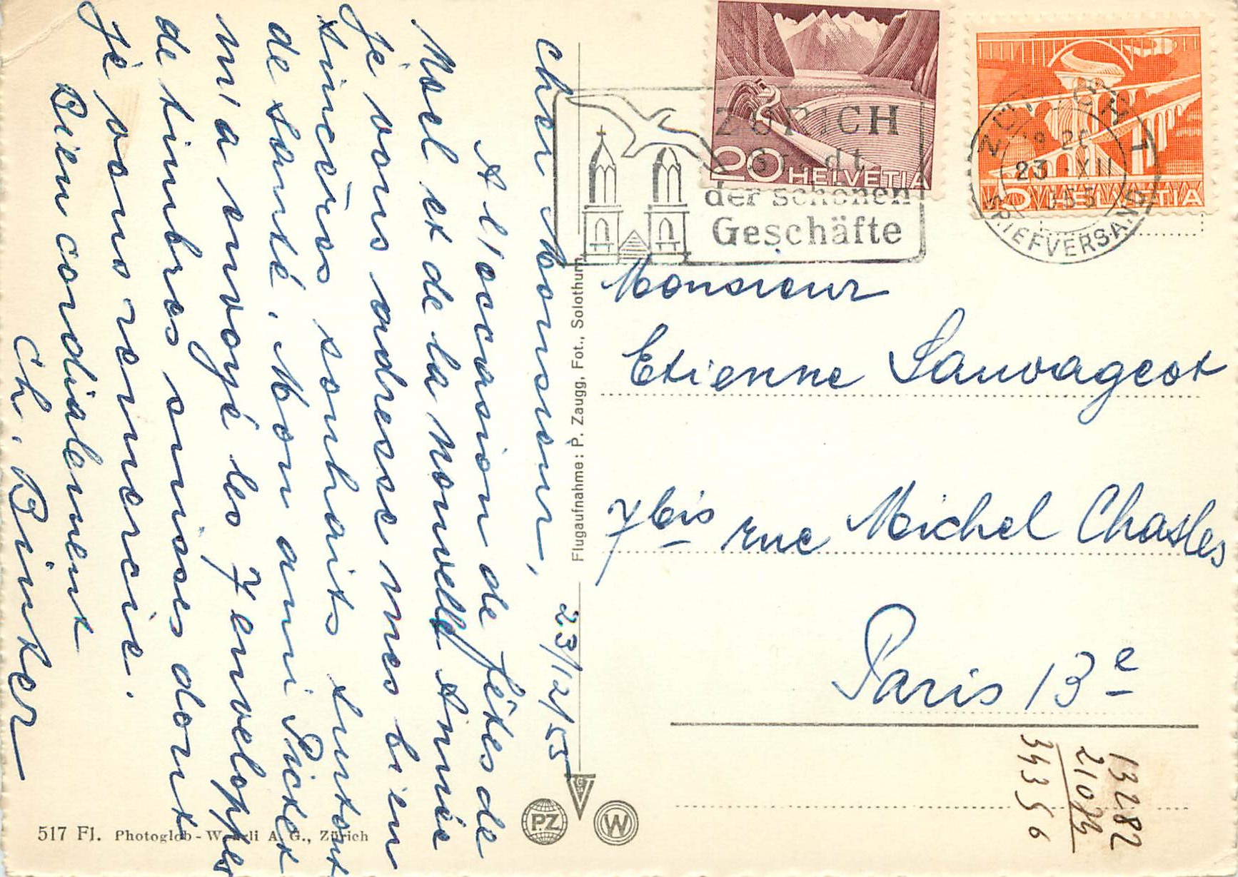 Vue aérienne de Zürich — avec montagnes enneigées — Photoglobe, Zürich — Verso
