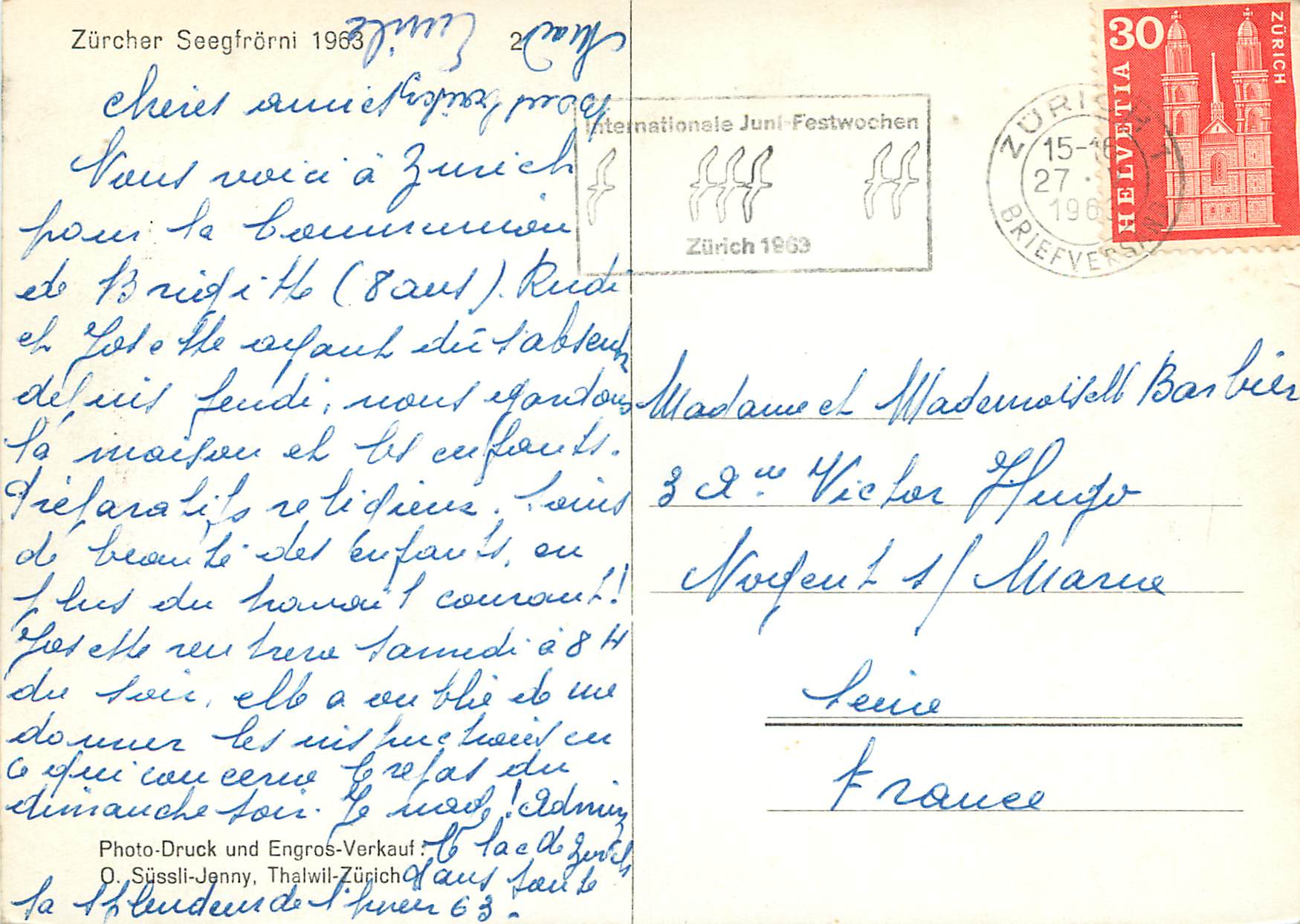 Zürcher Seegrätni 1963 — Internationale Juni-Festwochen — Photo-Druck und Engros-Verkauf O. Süssli-Jenny, Thalwil-Zürich — Reverso