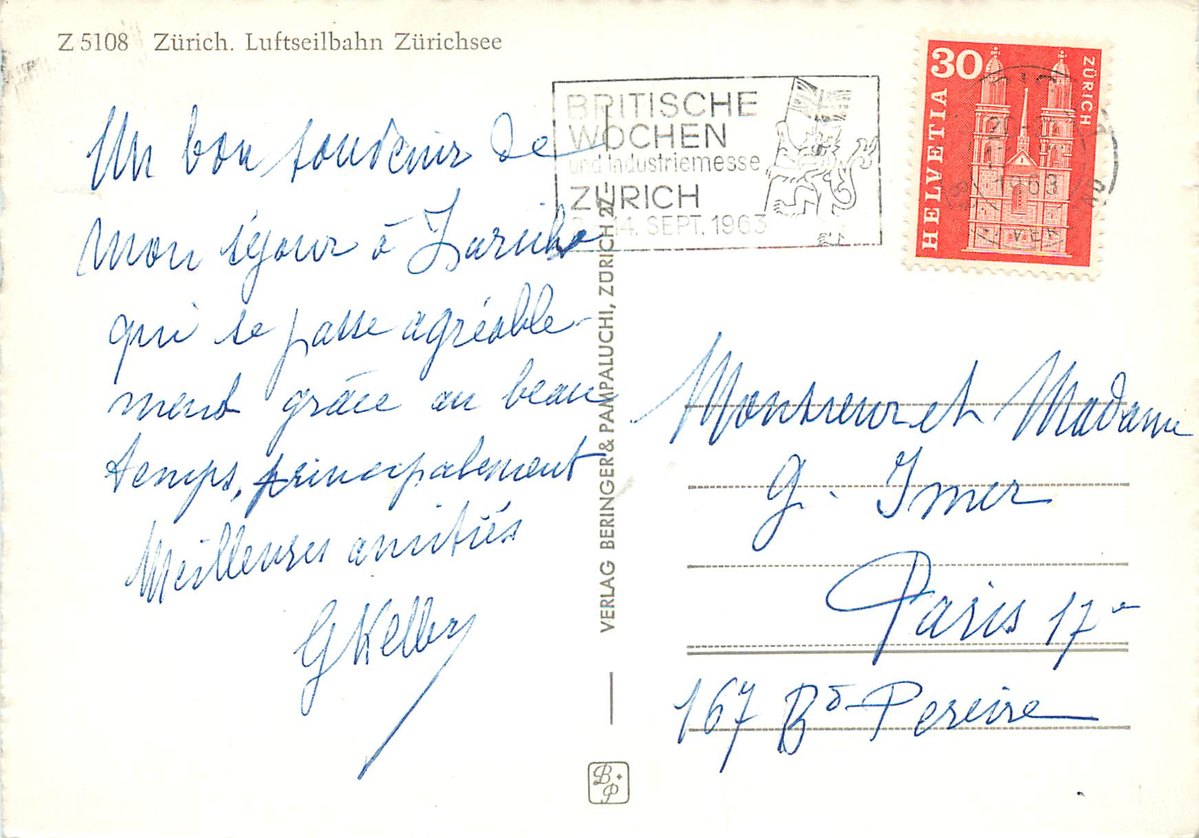 Zürich. Luftseilbahn Zürichsee — Z 5108 — Verlag Beringer & Pampaluchi — Rückseite