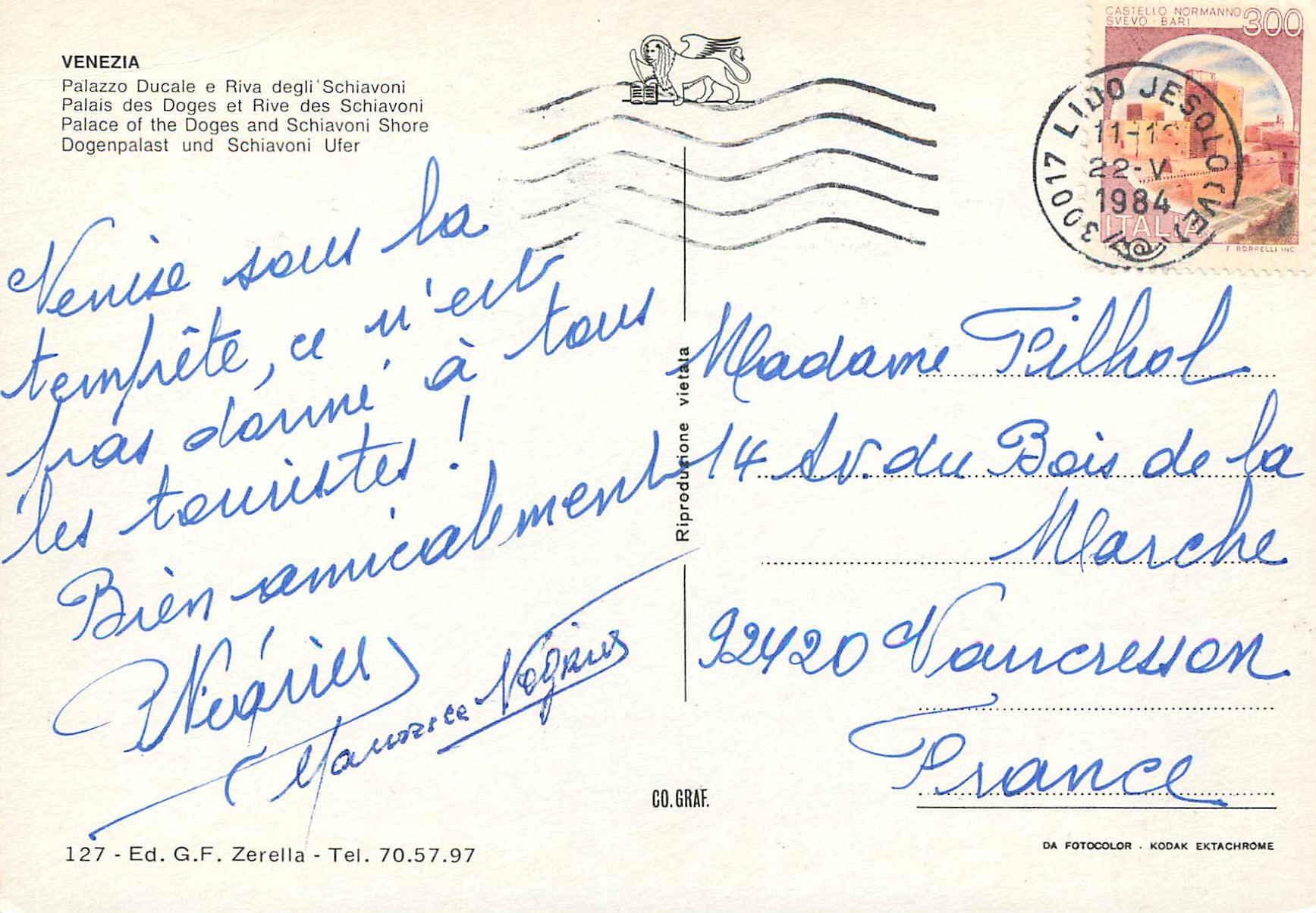 CPM Venezia Palais des Doges et Rive des Schiavoni — Rückseite